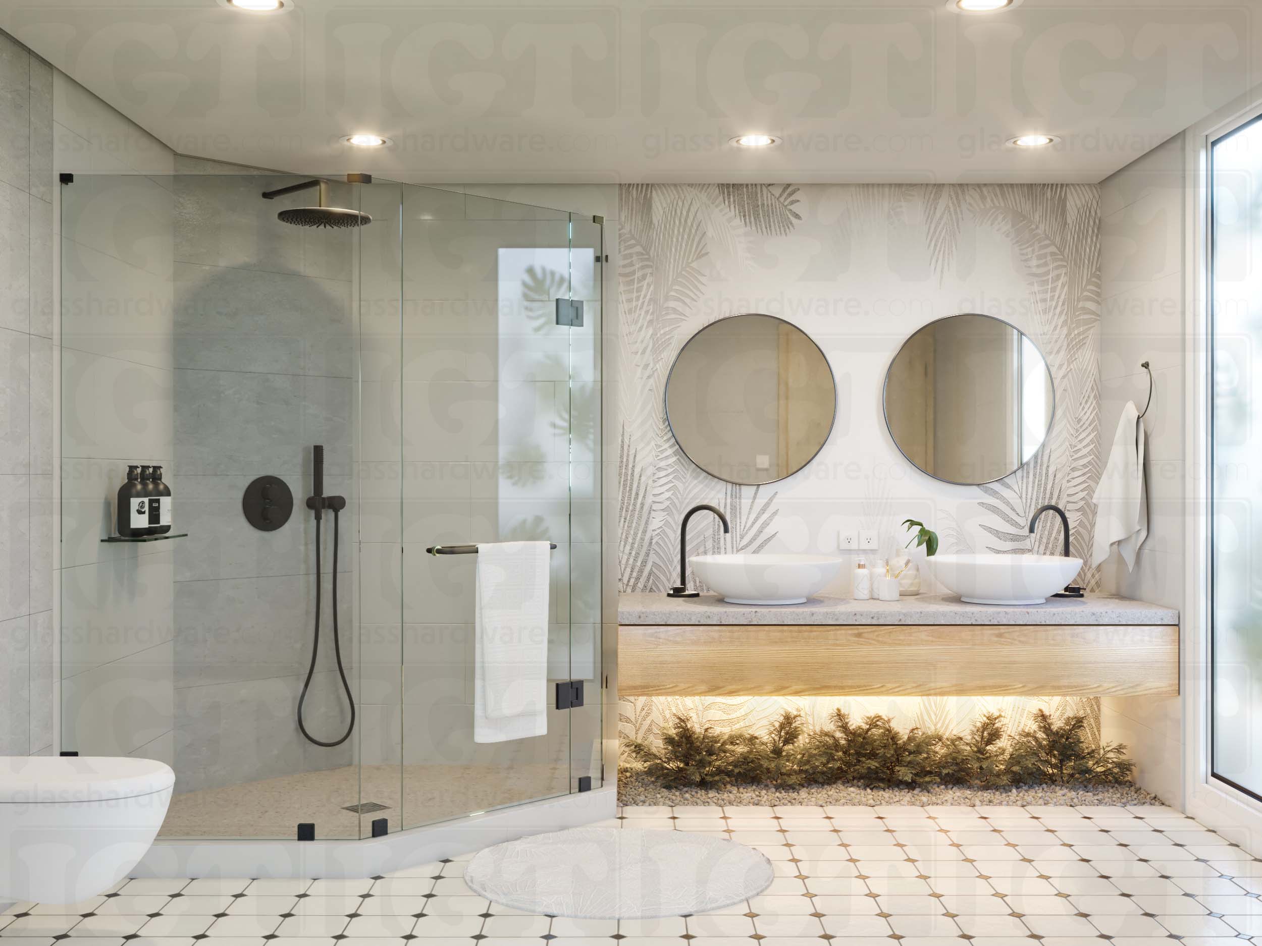 A modern bathroom with a frameless glass shower enclosure using the Right Wall-to-Glass Sleeve Over Clamp. Matte Black.