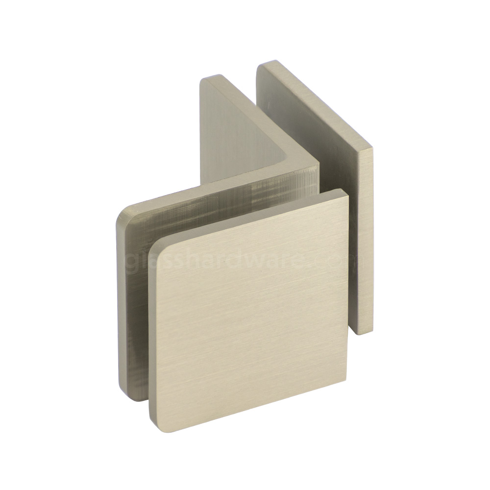 The Glass-to-Glass 90 Degree Clamp in Brushed Nickel.