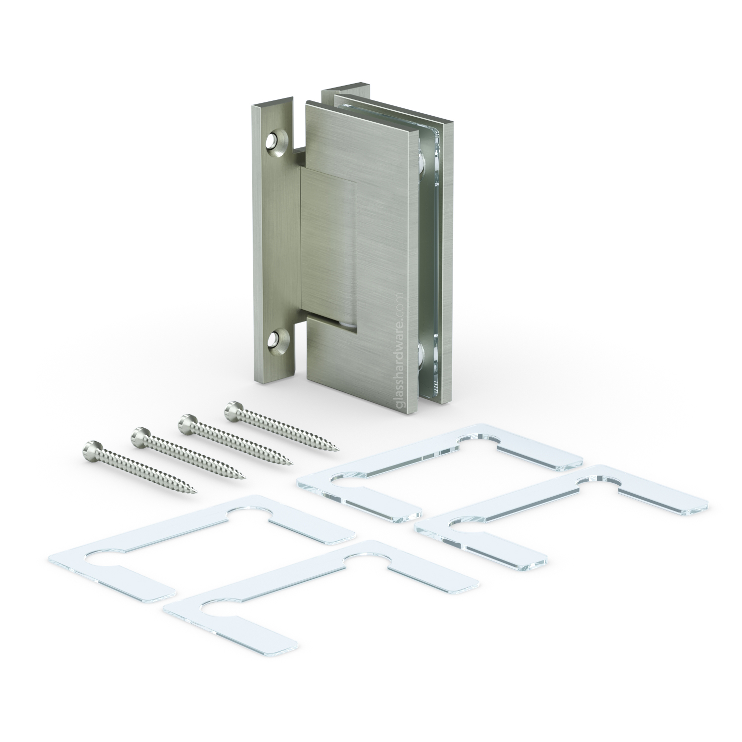 The Heavy Duty Wall-to-Glass “H” Back Malibu Hinge alongside its four included screws and clear gaskets.