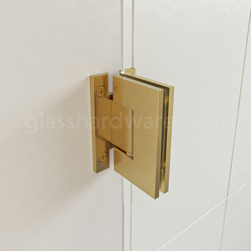 A close-up view of the top Heavy Duty Wall-to-Glass “H” Back Malibu Hinge installed on a modern shower door, showcasing its sleek square-edge design in more detail.