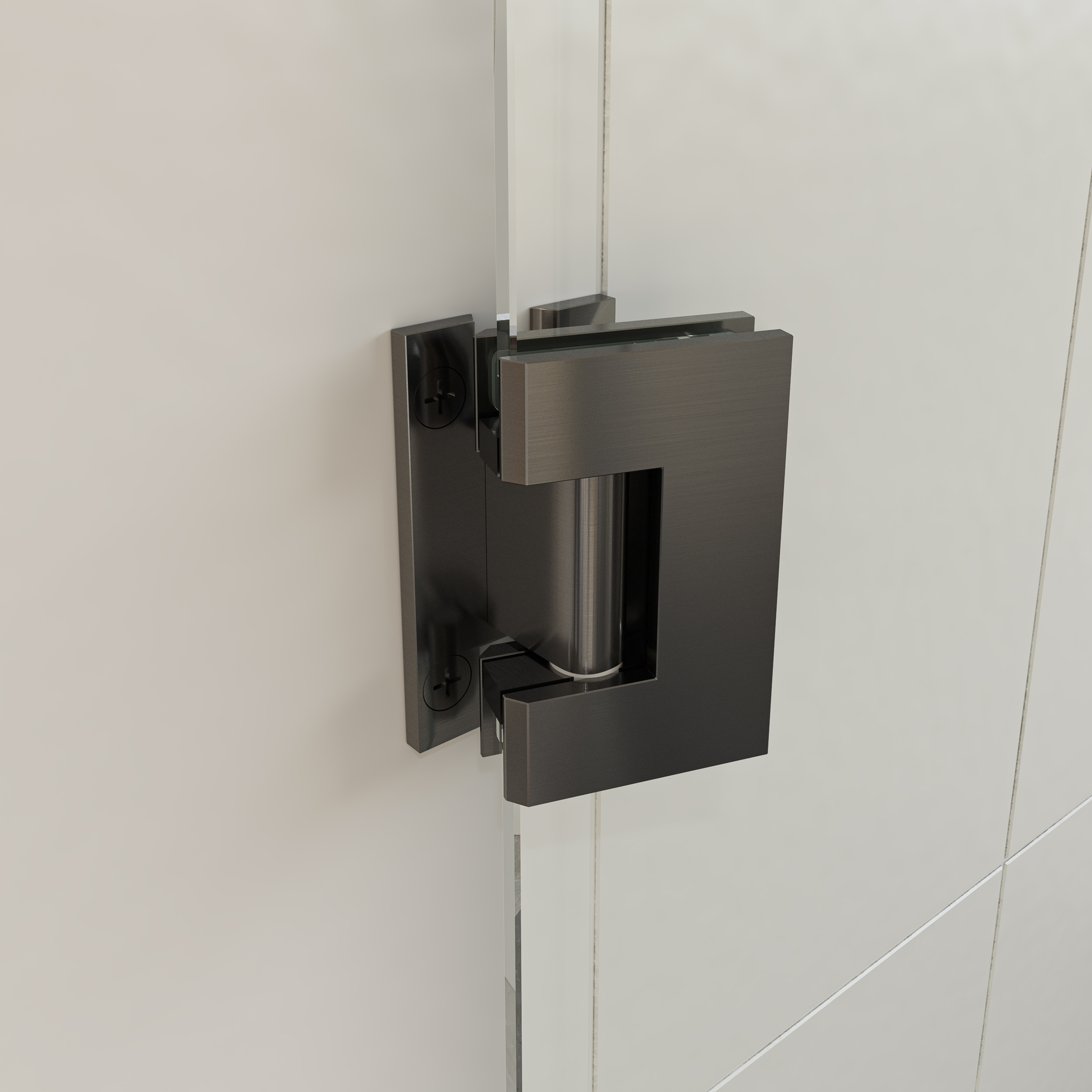 A close-up view of the top Heavy Duty Wall-to-Glass “H” Back Malibu Hinge installed on a modern shower door in the open position.