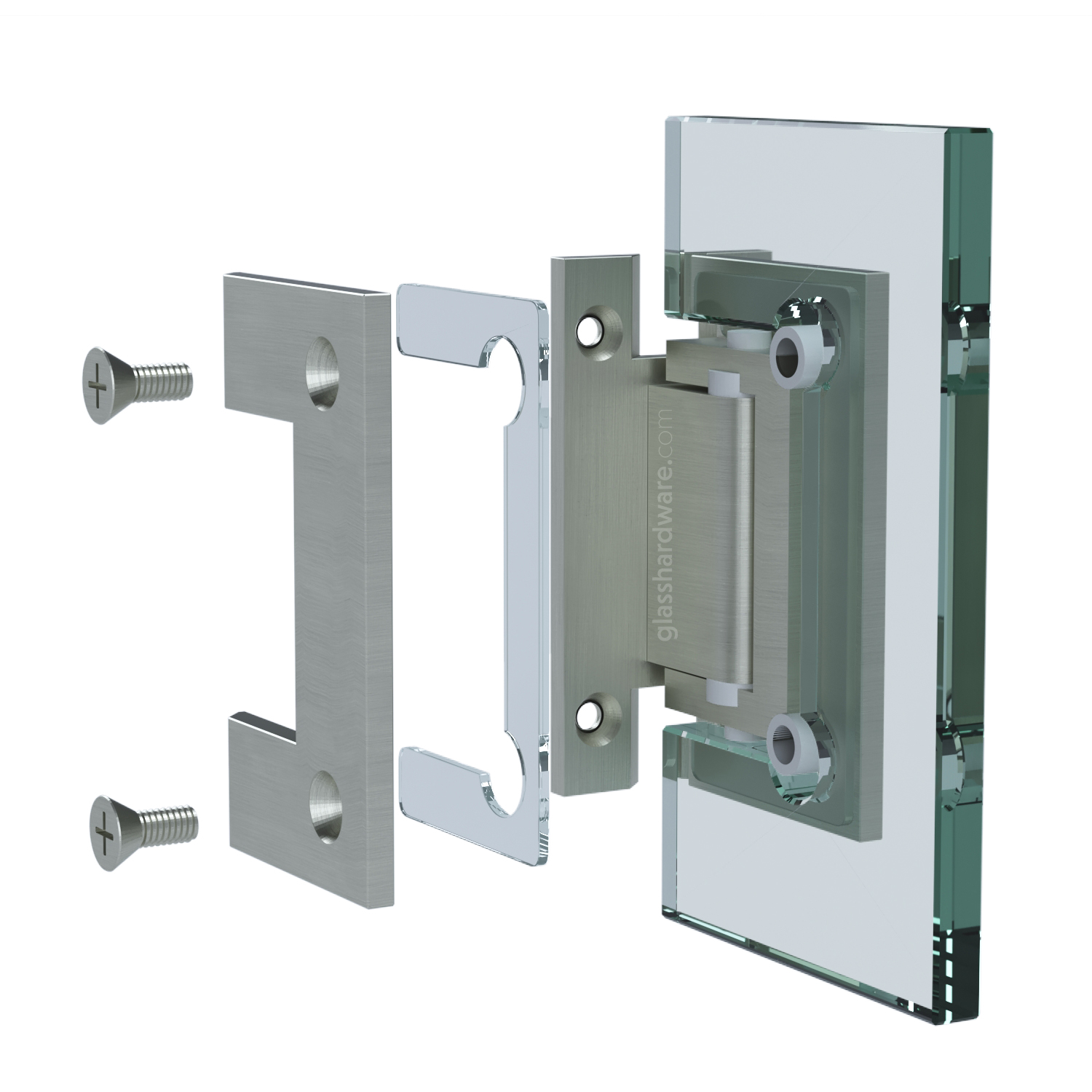 Exploded view of a Heavy Duty Wall-to-Glass “H” Back Malibu Hinge assembly, showing its individual components. The image shows the hinge being securely attached to the glass.