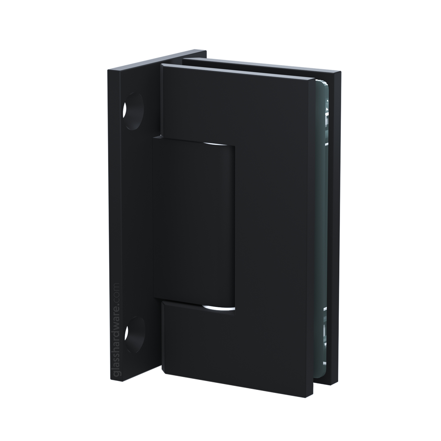 The Heavy Duty Wall-to-Glass Malibu Hinge in Matte Black.