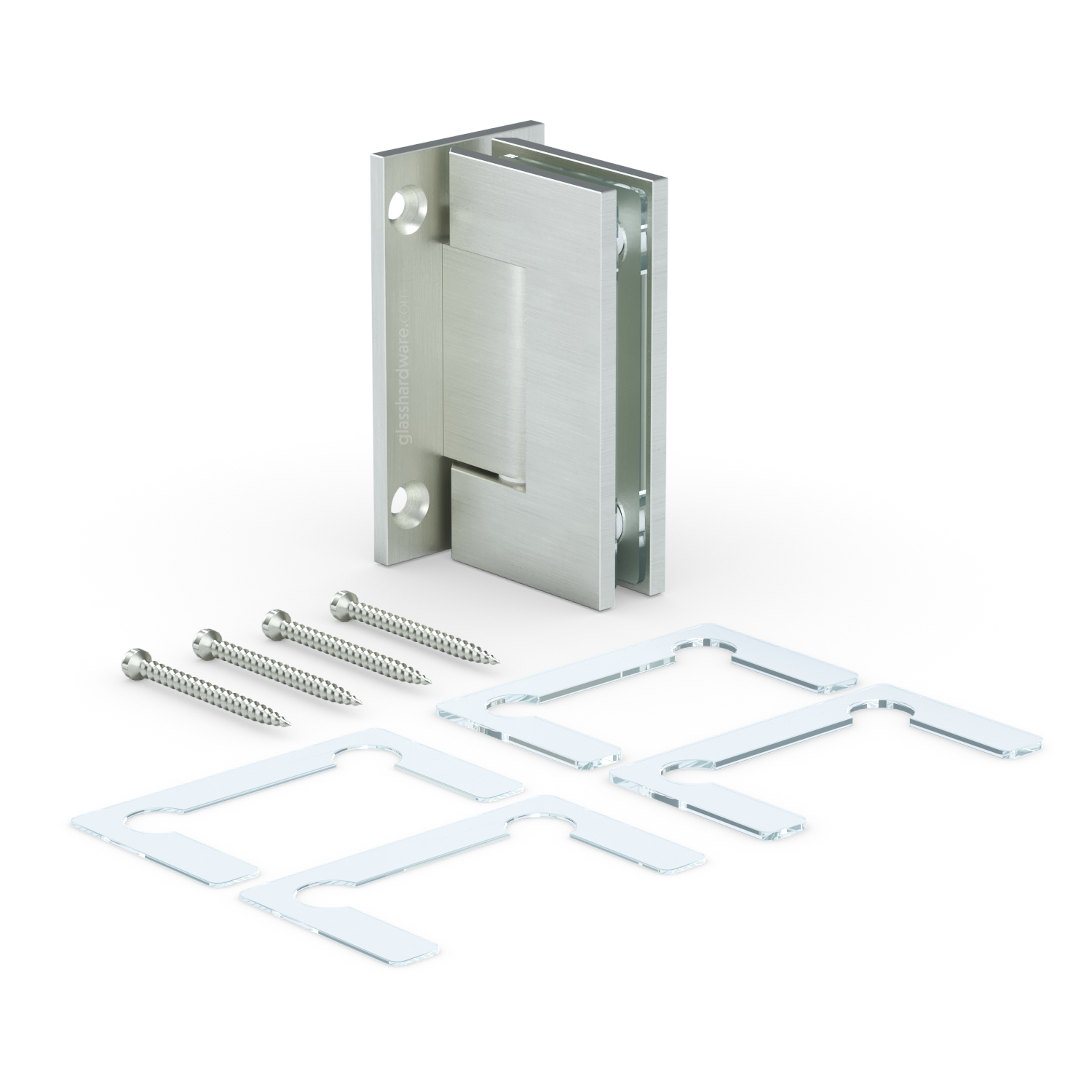 The Heavy Duty Wall-to-Glass Full Back Malibu Hinge in Brushed Nickel, alongside its four included screws and clear gaskets.