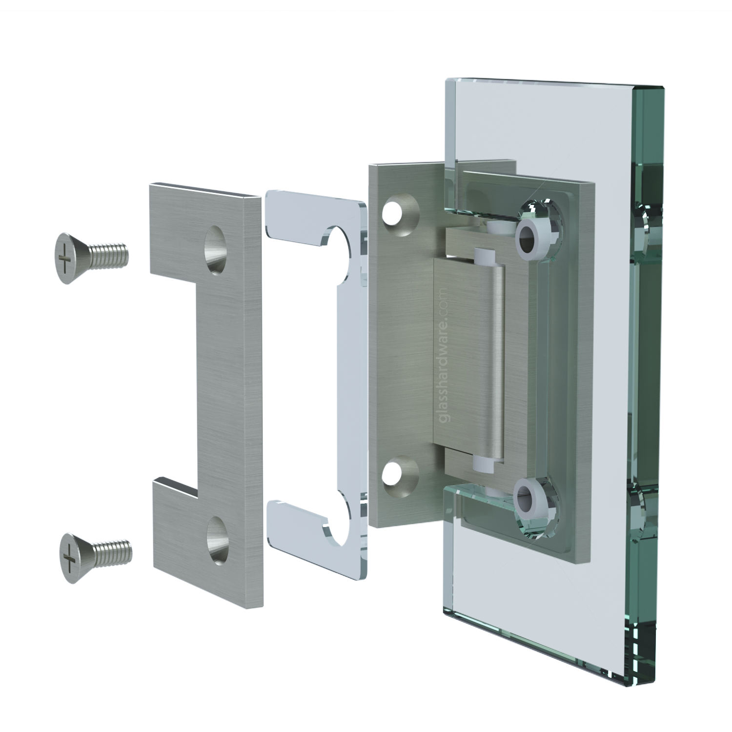 Exploded view of a Heavy Duty Wall-to-Glass Full Back Malibu Hinge assembly, showing its individual components. The image shows the hinge being securely attached to the glass. Brushed Nickel.