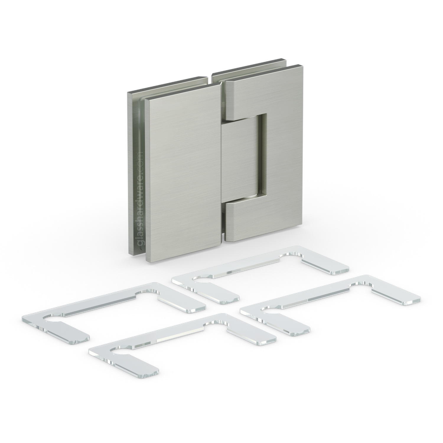 The Heavy Duty Glass-to-Glass 180 Degree Malibu Hinge alongside its four included clear gaskets.