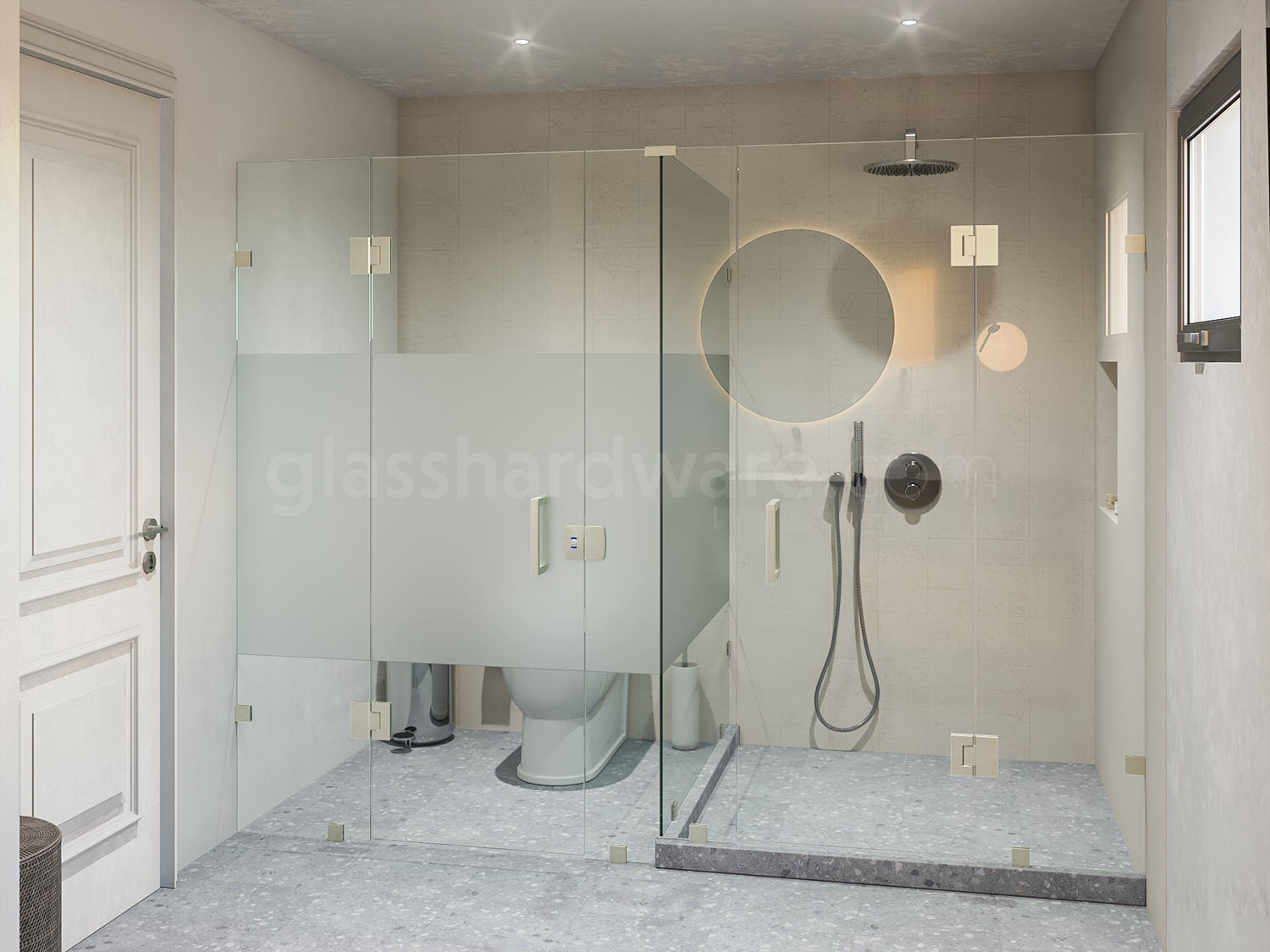 A modern frameless glass shower enclosure and toilet partition using Heavy Duty Glass-to-Glass 180 Degree Malibu Hinges.