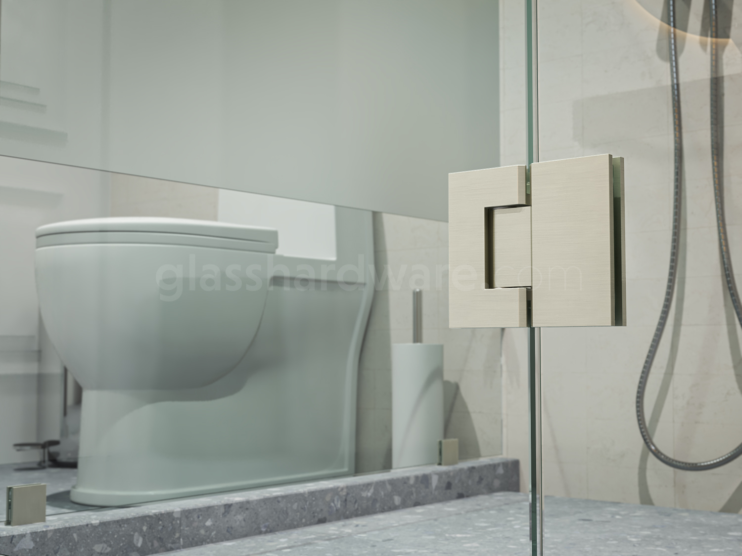 A close up of the Heavy Duty Glass-to-Glass 180 Degree Malibu Hinge installed on a frameless shower door, showcasing its sleek square-edge design in more detail.