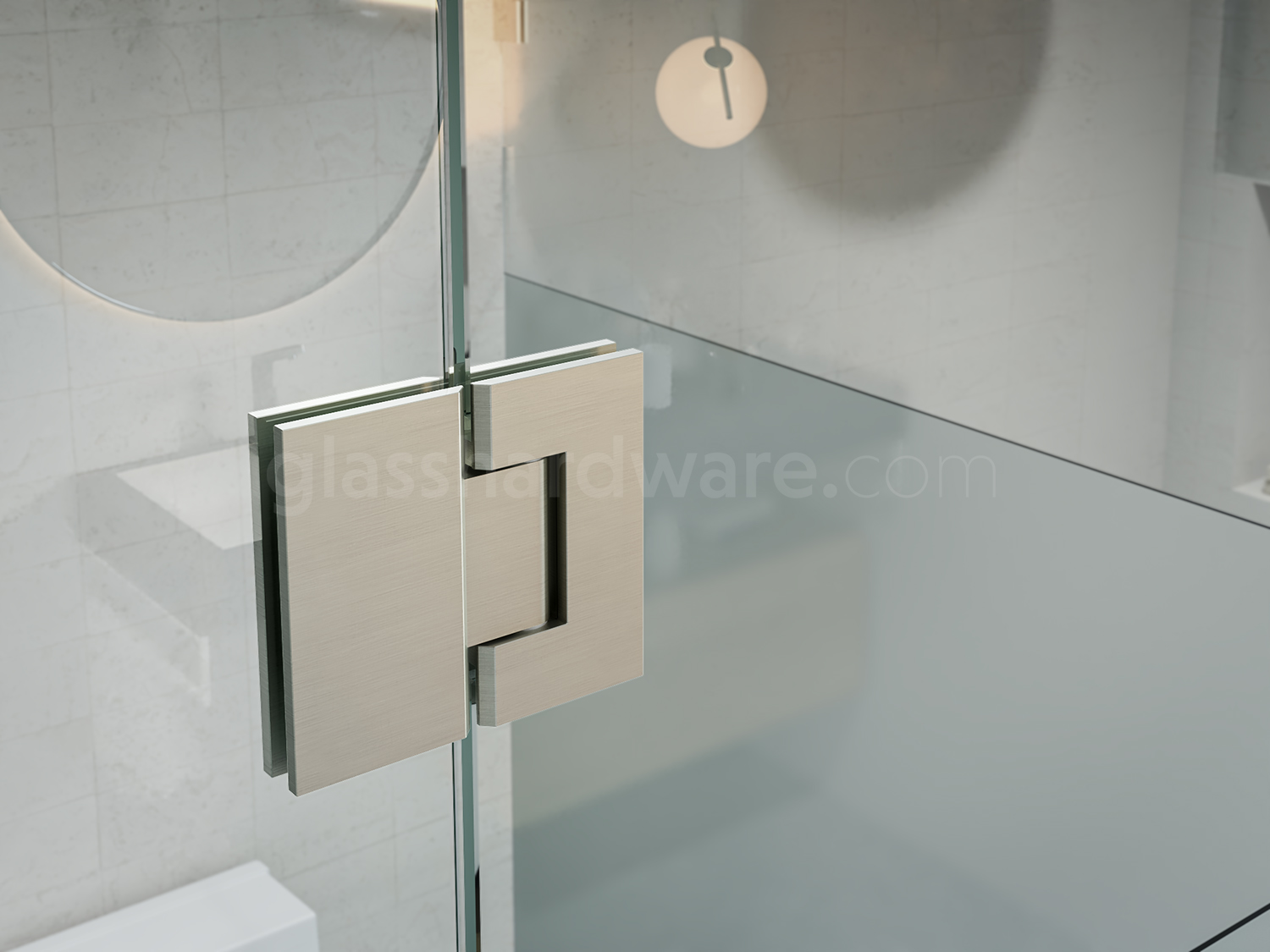 A close up of the top Heavy Duty Glass-to-Glass 180 Degree Malibu Hinge installed on a frameless shower door.