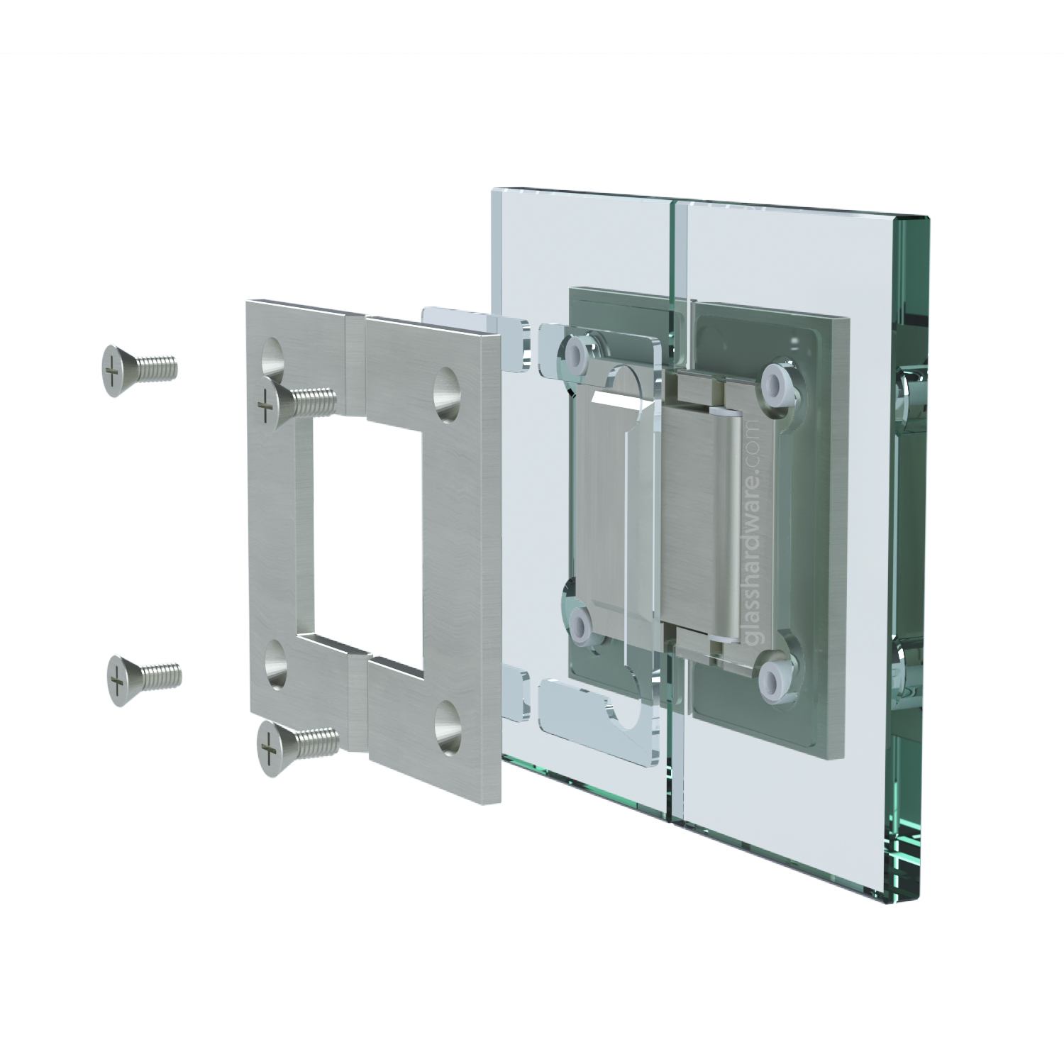 Exploded view of a Heavy Duty Glass-to-Glass 180 Degree Malibu Hinge assembly, showing its individual components. The image shows the hinge being securely attached to the glass.