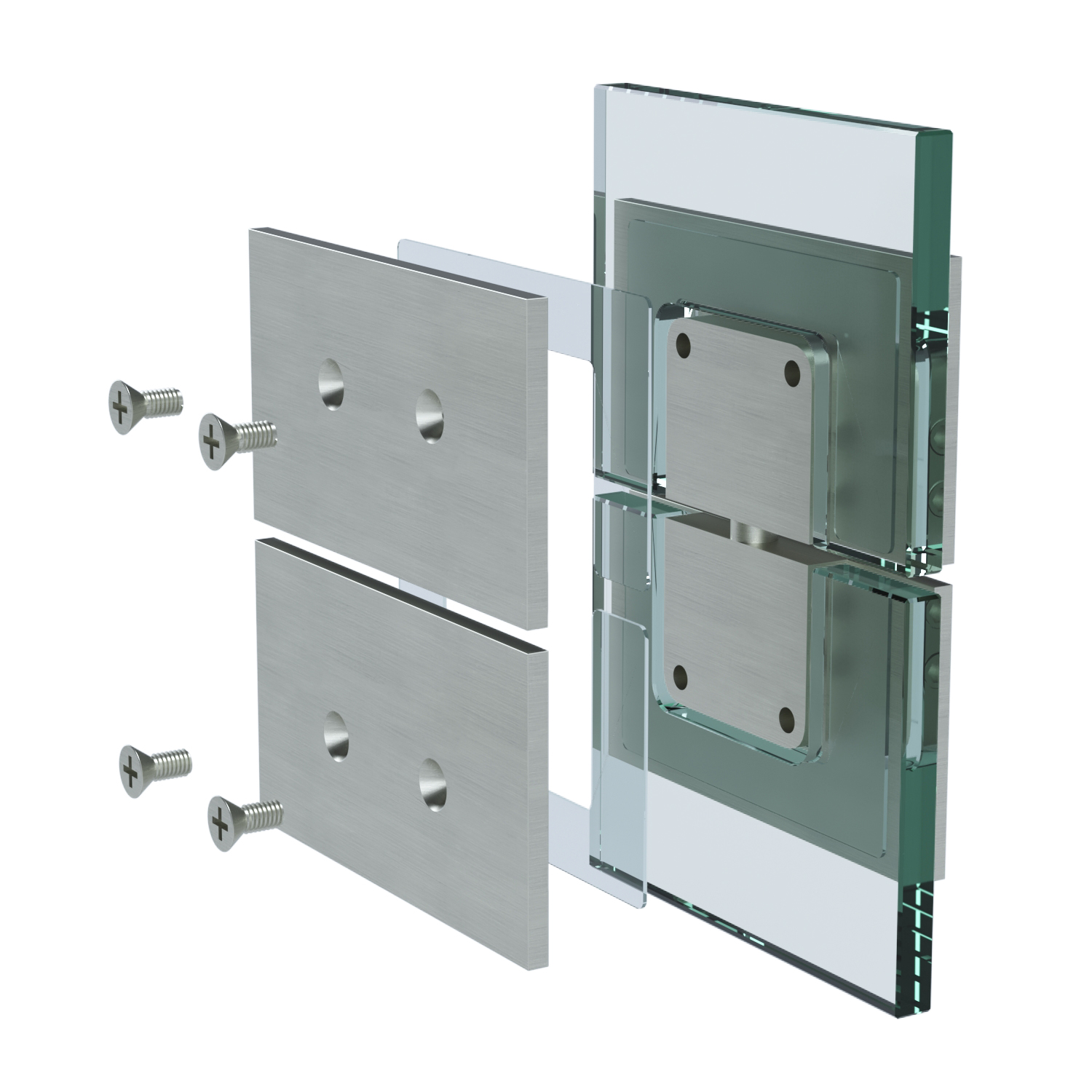 Exploded view of a Heavy Duty Glass-to-Glass 180 Degree Pivot Hinge assembly, showing its individual components. The image shows the hinge being securely attached to the glass.