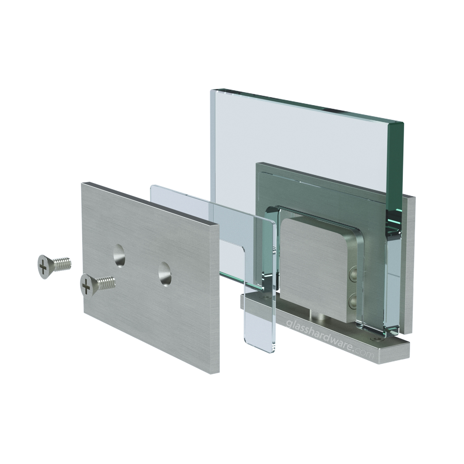 Exploded view of a Heavy Duty Top and Bottom Malibu Pivot Hinge assembly, showing its individual components. The image shows the hinge being securely attached to the glass.