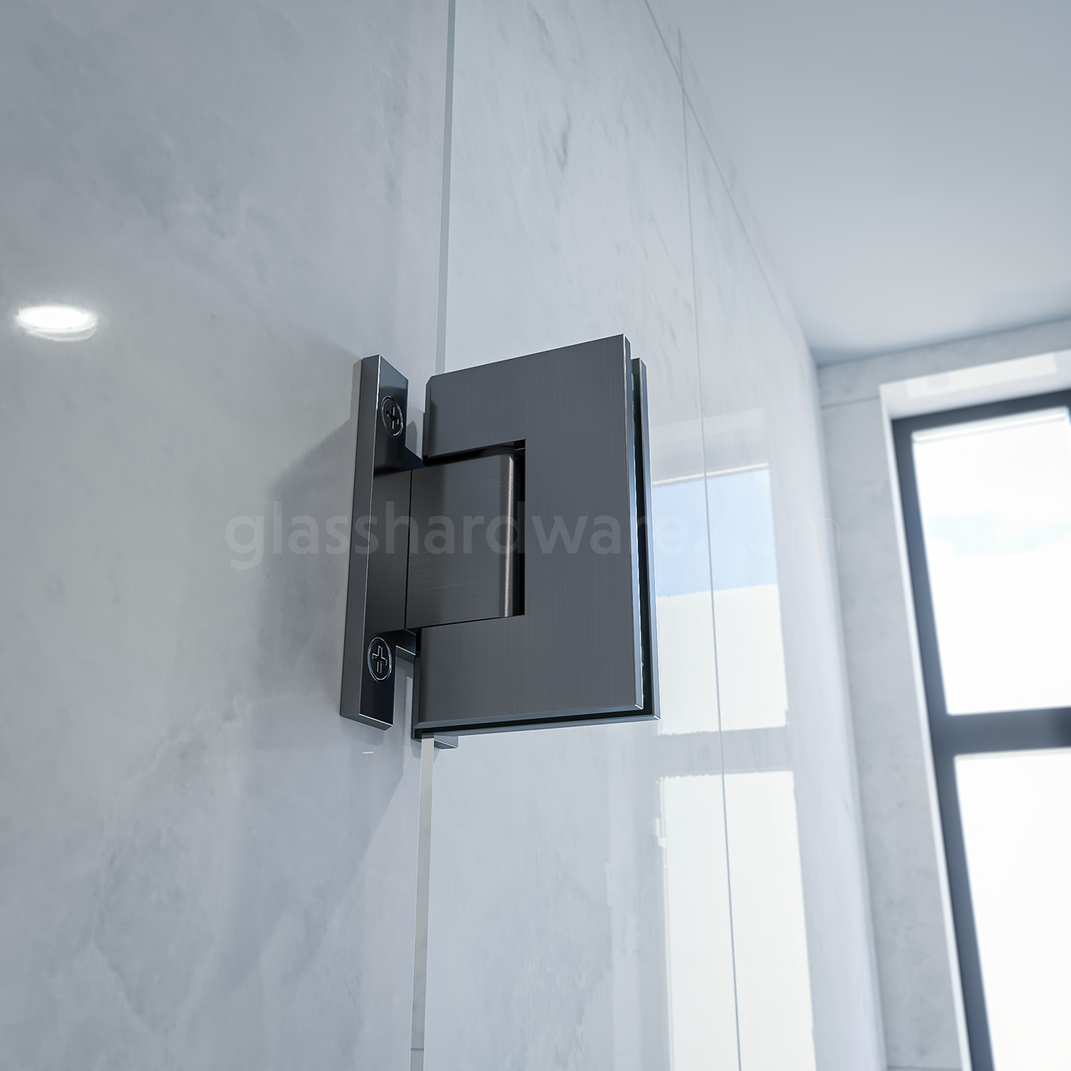 A close-up view of the top Adjustable Wall-to-Glass “H” Back Malibu Hinge installed on a modern frameless shower door.