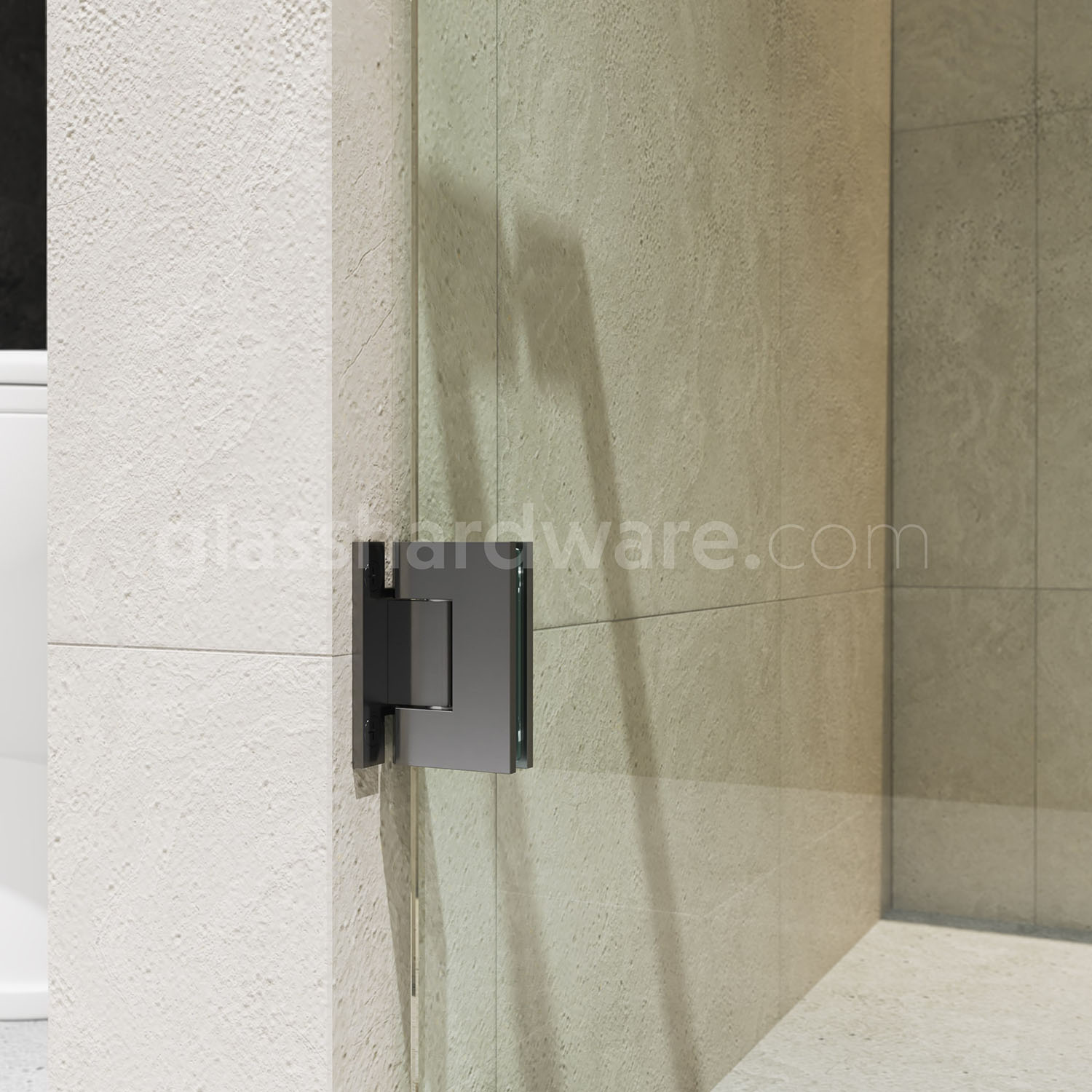 A close-up view of the bottom Adjustable Wall-to-Glass “H” Back Malibu Hinge installed on a modern frameless shower door.