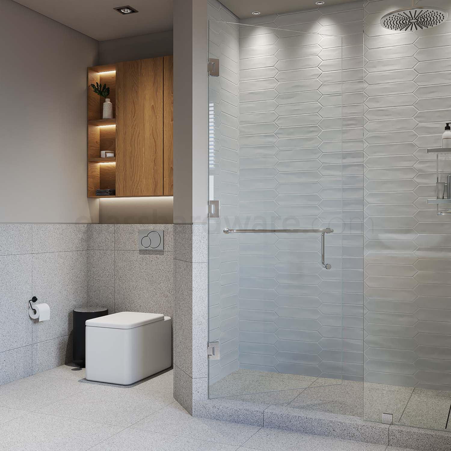 A modern shower door installation using three Wall-to-Glass 135 Degree Malibu Hinges, in Chrome Polished. The image shows the shower door in the open position.