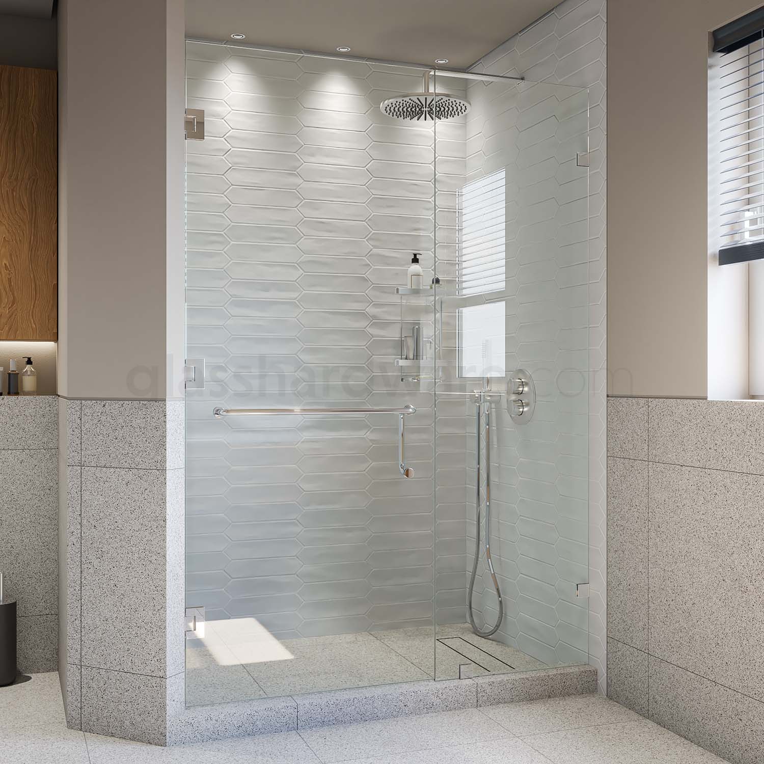 A modern shower door installation using three Wall-to-Glass 135 Degree Malibu Hinges, in Chrome Polished. The image shows the shower door in the closed position.