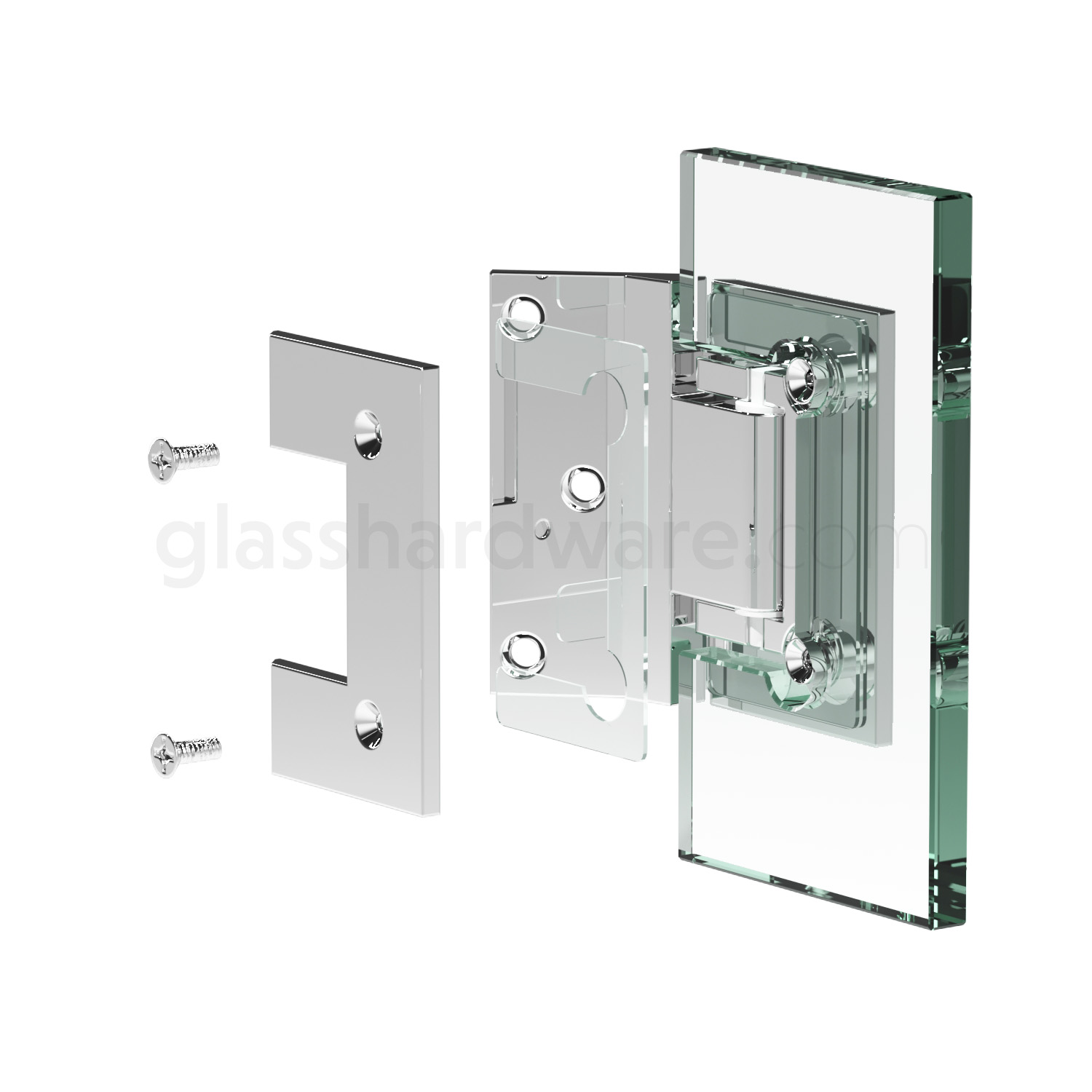 Exploded view of a Wall-to-Glass 135 Degree Malibu Hinge assembly, showing its individual components. The image illustrates how the hinge attaches securely to the glass. Chrome Polished.