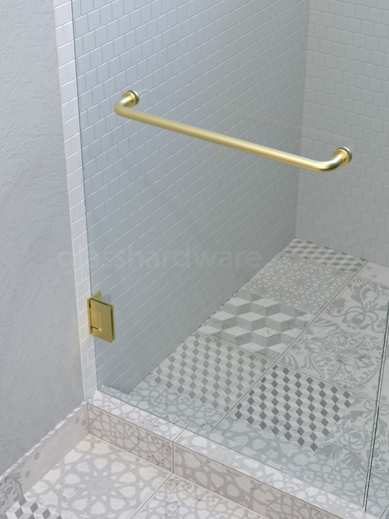 A modern glass shower door outfitted with a Gold Brushed towel bar and Heavy Duty Wall-to-Glass Offset Back Malibu Hinge.