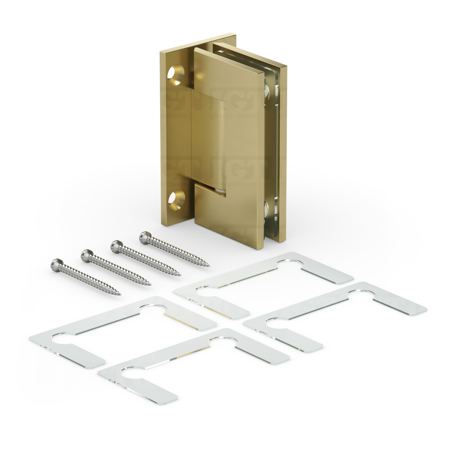 The Heavy Duty Wall-to-Glass Full Back Malibu Hinge in Gold Brushed, alongside its four included screws and clear gaskets.