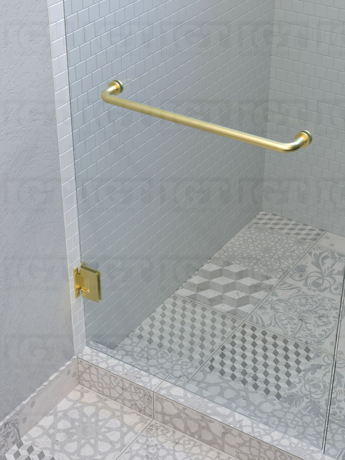 A modern glass shower door outfitted with a Gold Brushed towel bar and Heavy Duty Wall-to-Glass Full Back Malibu Hinge.