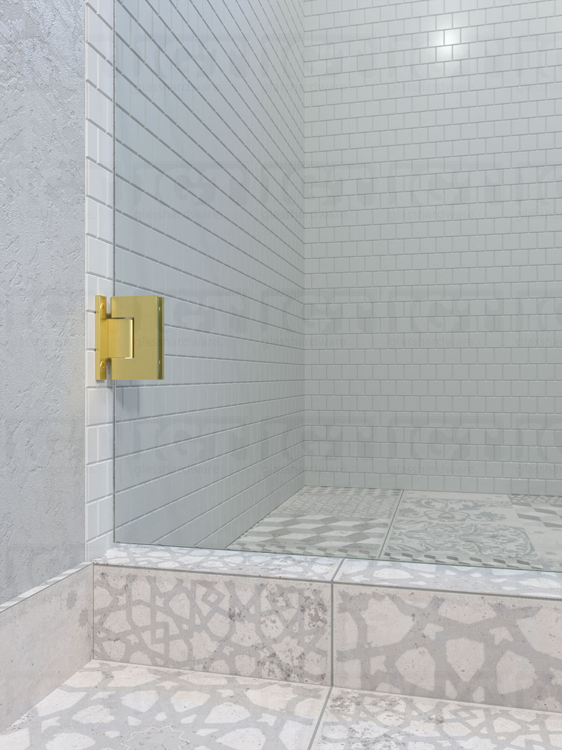 A close-up view of the bottom Heavy Duty Wall-to-Glass Full Back Malibu Hinge installed on a modern shower door showcasing its Gold Brushed finish in more detail.