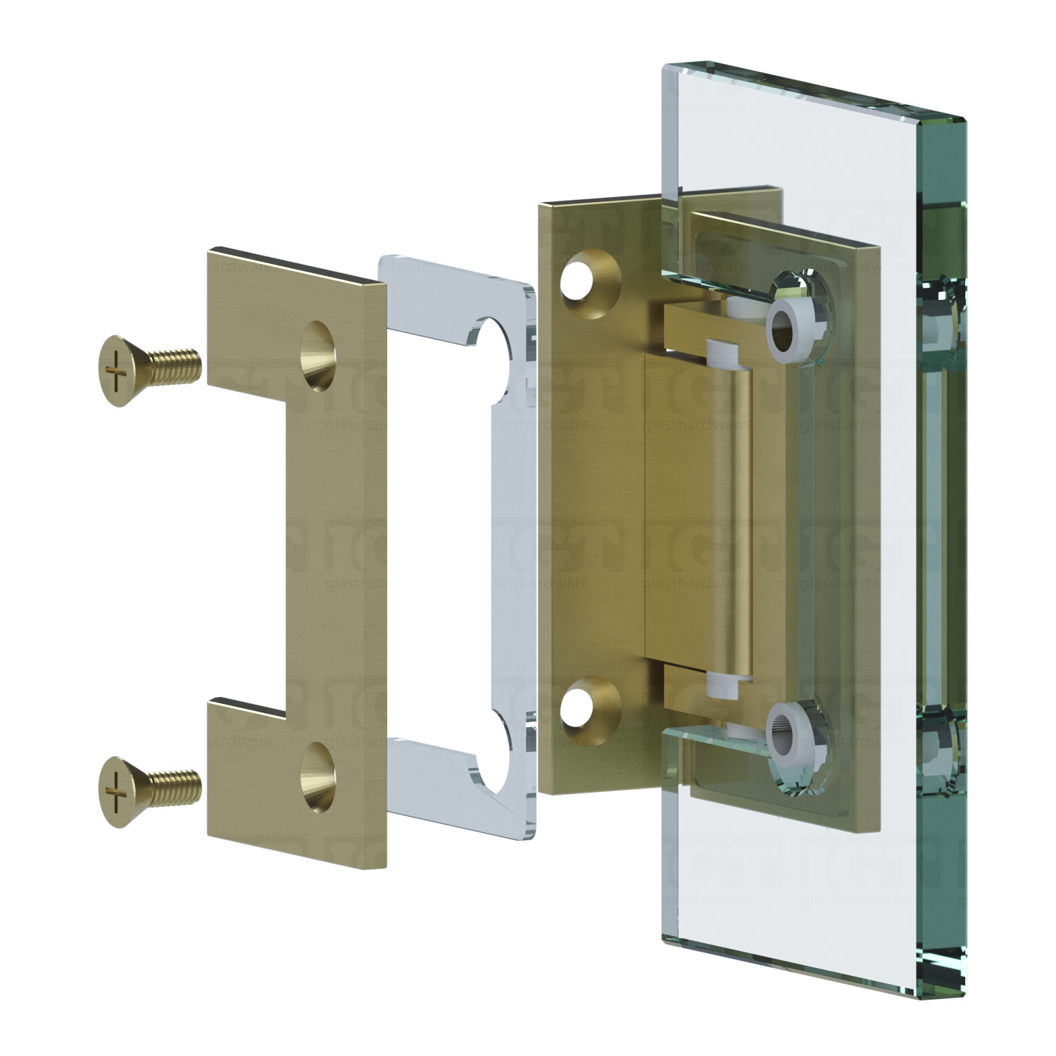 Exploded view of a Heavy Duty Wall-to-Glass Full Back Malibu Hinge assembly, showing its individual components. The image shows the hinge being securely attached to the glass. Gold Brushed.