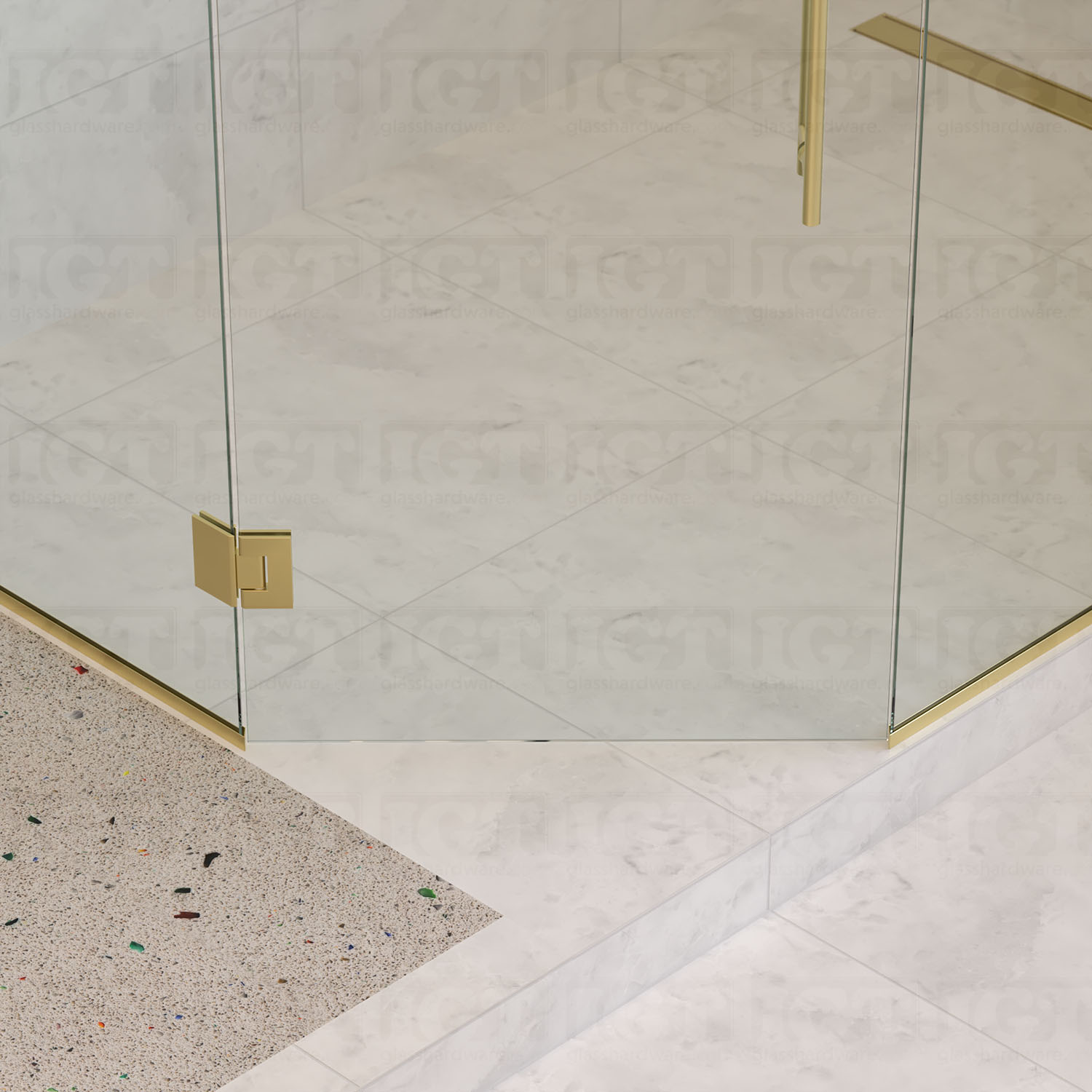 A close-up view from above of the bottom Glass-to-Glass 135 Degree Adjustable Malibu Hinge installed on a modern frameless shower door. Gold Brushed.