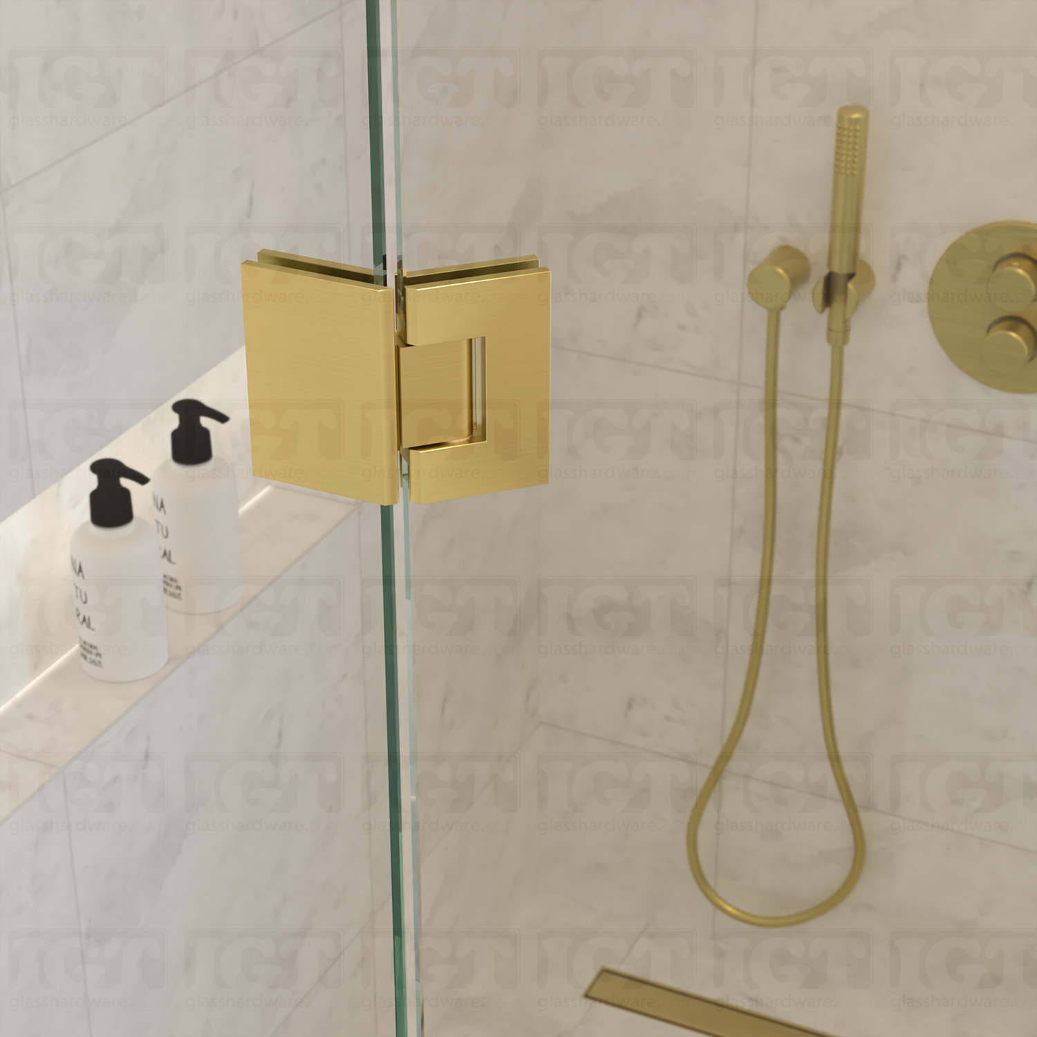 A close-up view of the top Glass-to-Glass 135 Degree Adjustable Malibu Hinge installed on a modern frameless shower door, showcasing its Gold Brushed finish in more detail.