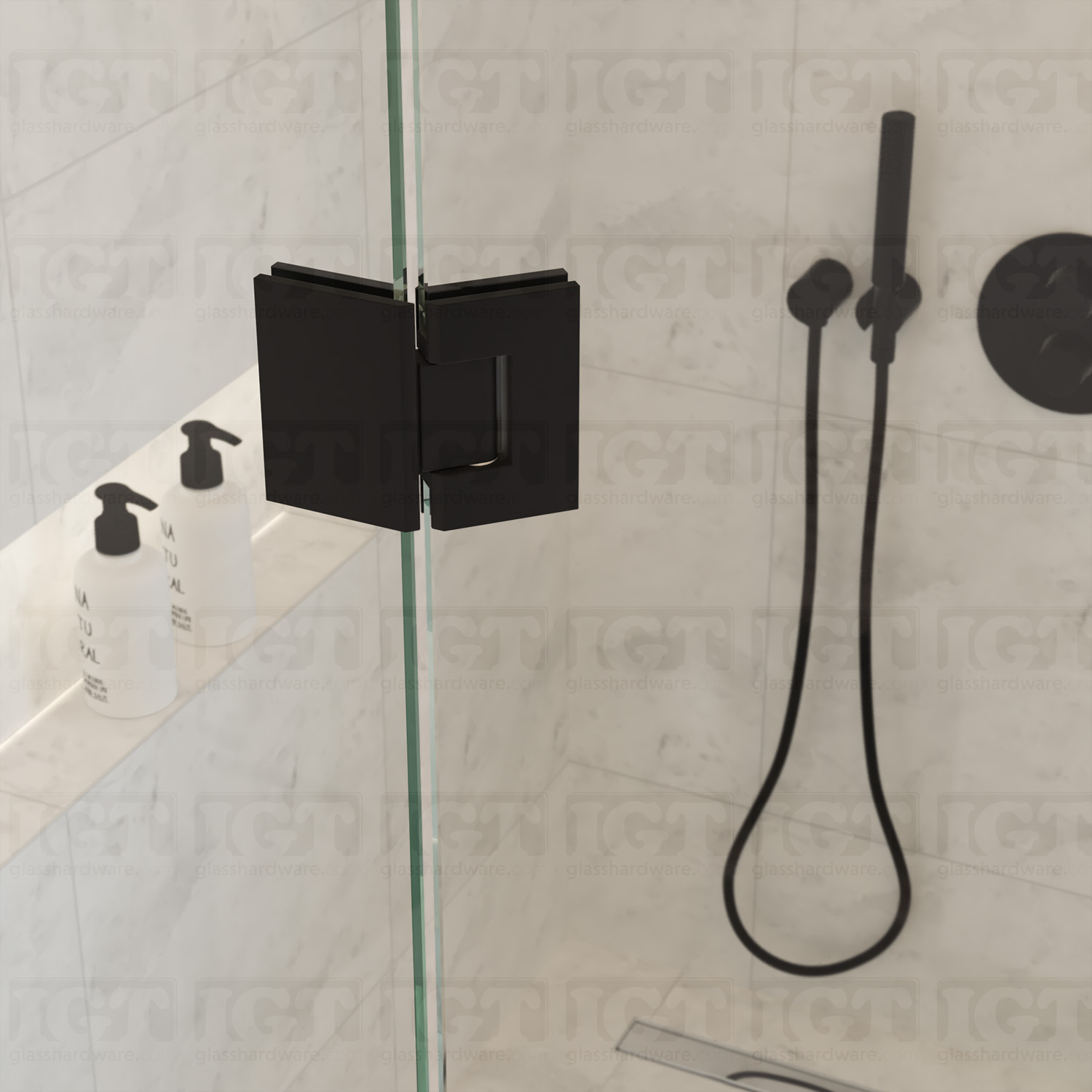 A close-up view of the top Glass-to-Glass 135 Degree Adjustable Malibu Hinge installed on a modern frameless shower door, showcasing its Matte Black finish in more detail.