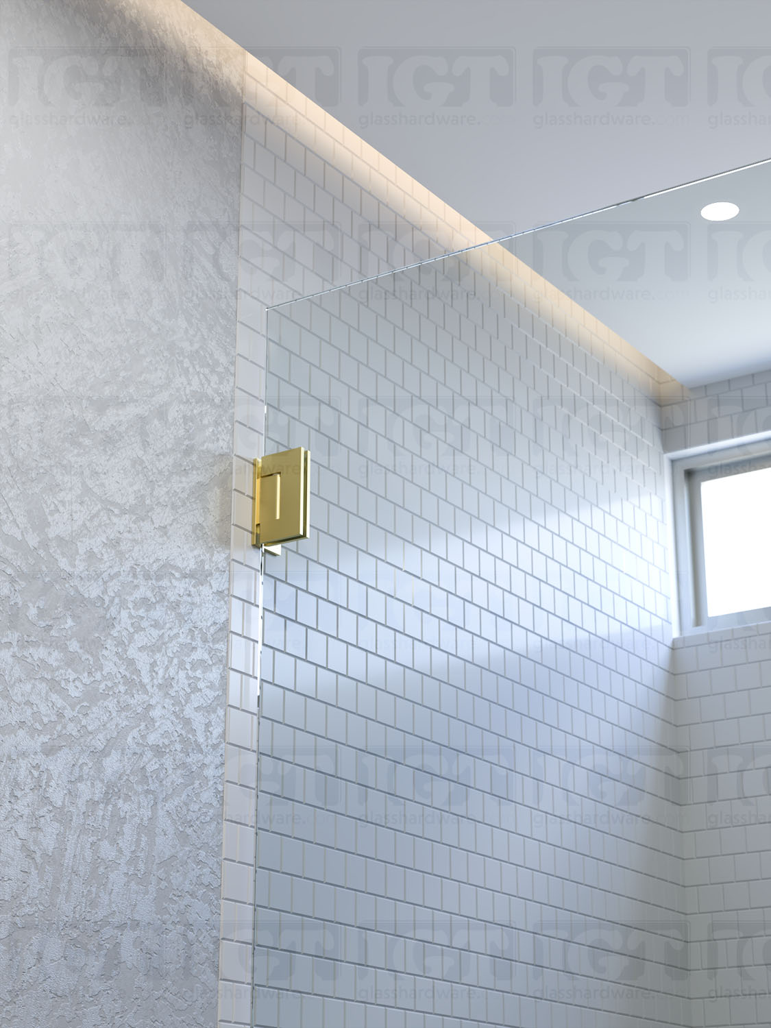 A close-up view of the top Wall-to-Glass Offset Back Malibu Hinge installed on a modern shower door. Gold Brushed.