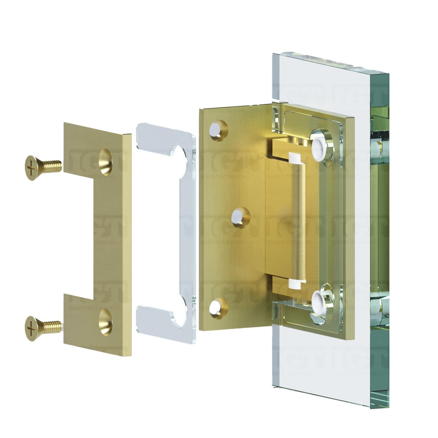 Exploded view of a Wall-to-Glass Offset Back Malibu Hinge assembly, showing its individual components. The image illustrates how the hinge attaches securely to the glass. Gold Brushed.