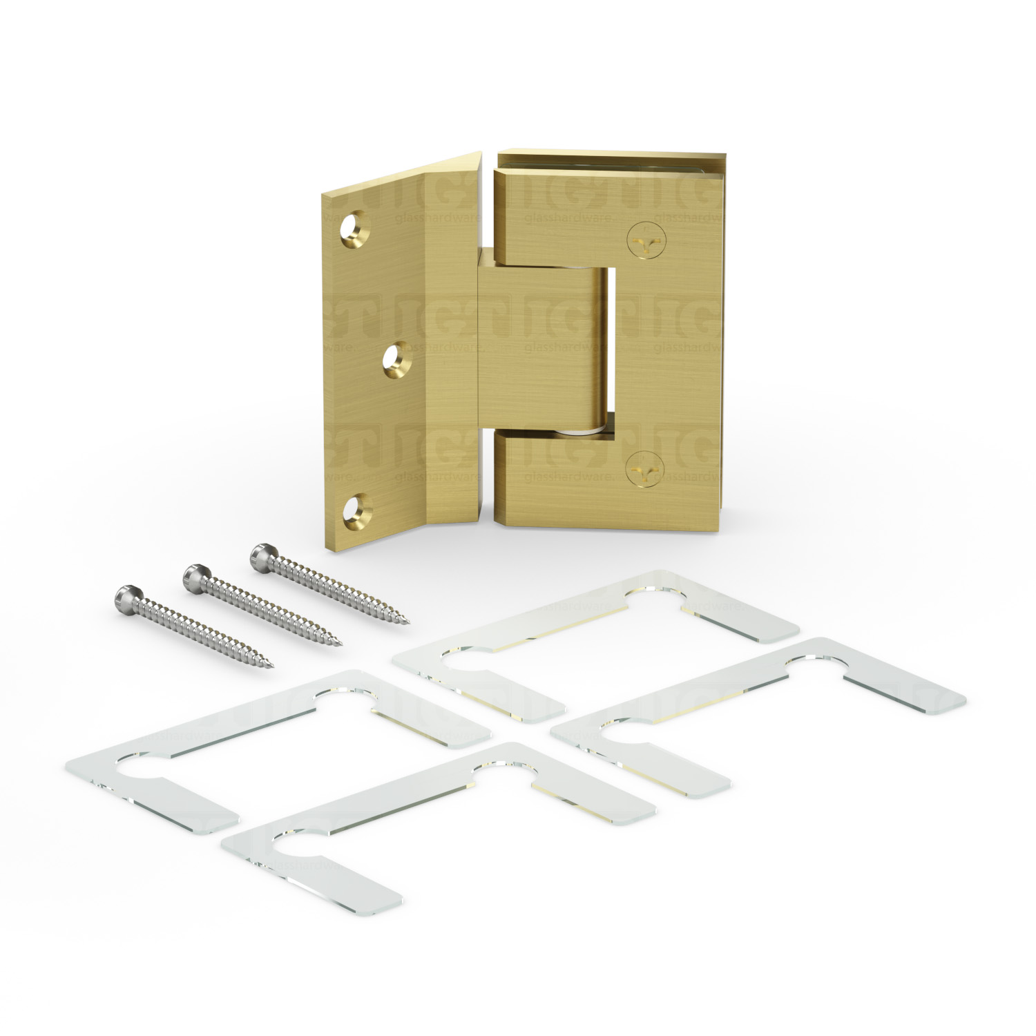 The Wall-to-Glass 135 Degree Malibu Hinge in Gold Brushed alongside its installation hardware, including four gaskets and three screws.