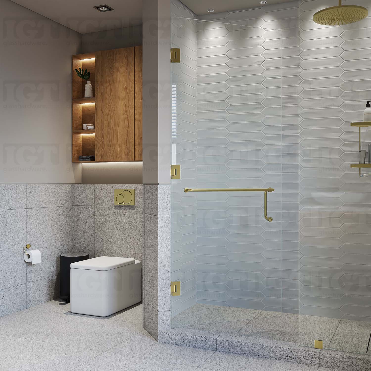 A modern shower door installation using three Wall-to-Glass 135 Degree Malibu Hinges, in Gold Brushed. The image shows the shower door in the open position.