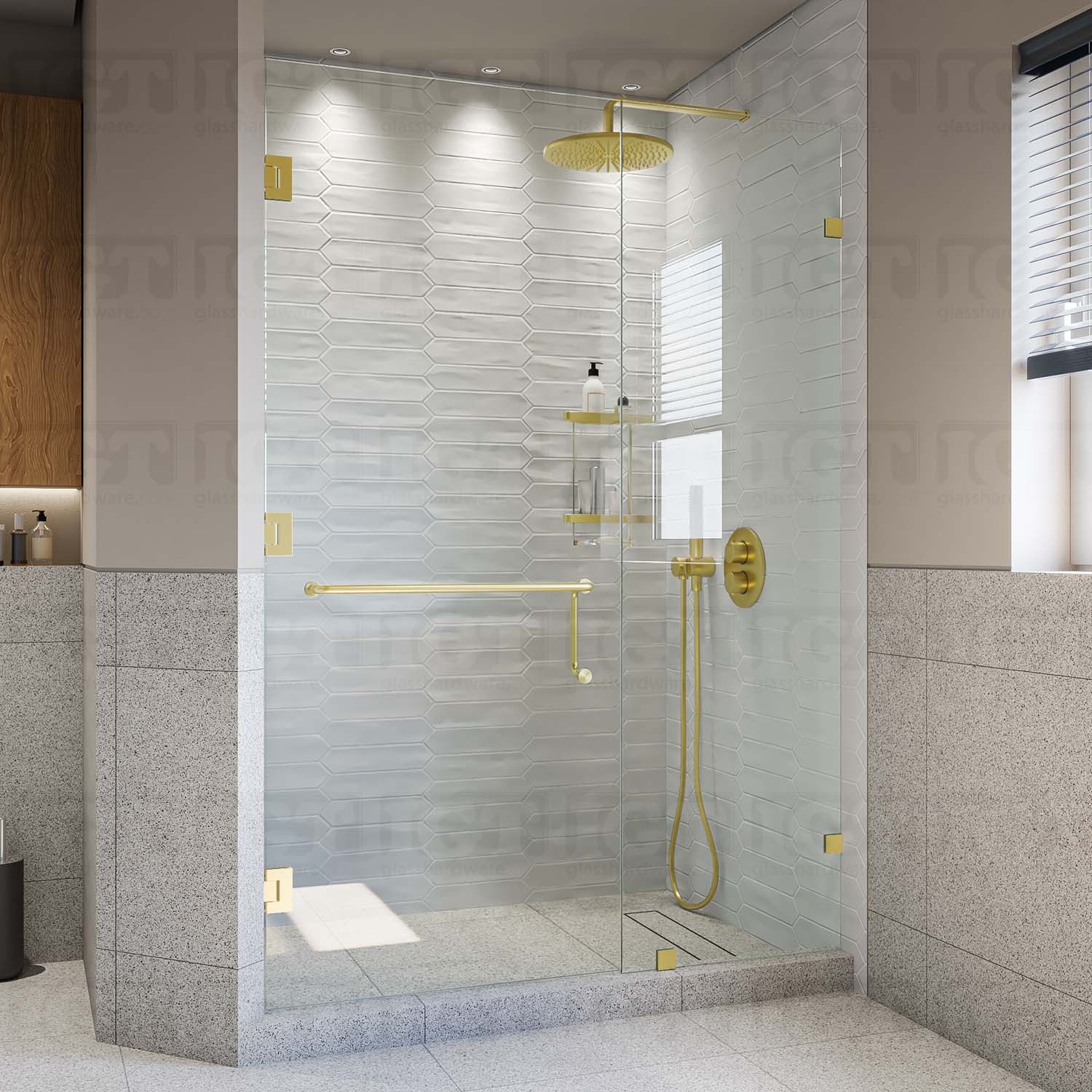 A modern shower door installation using three Wall-to-Glass 135 Degree Malibu Hinges, in Gold Brushed. The image shows the shower door in the closed position.