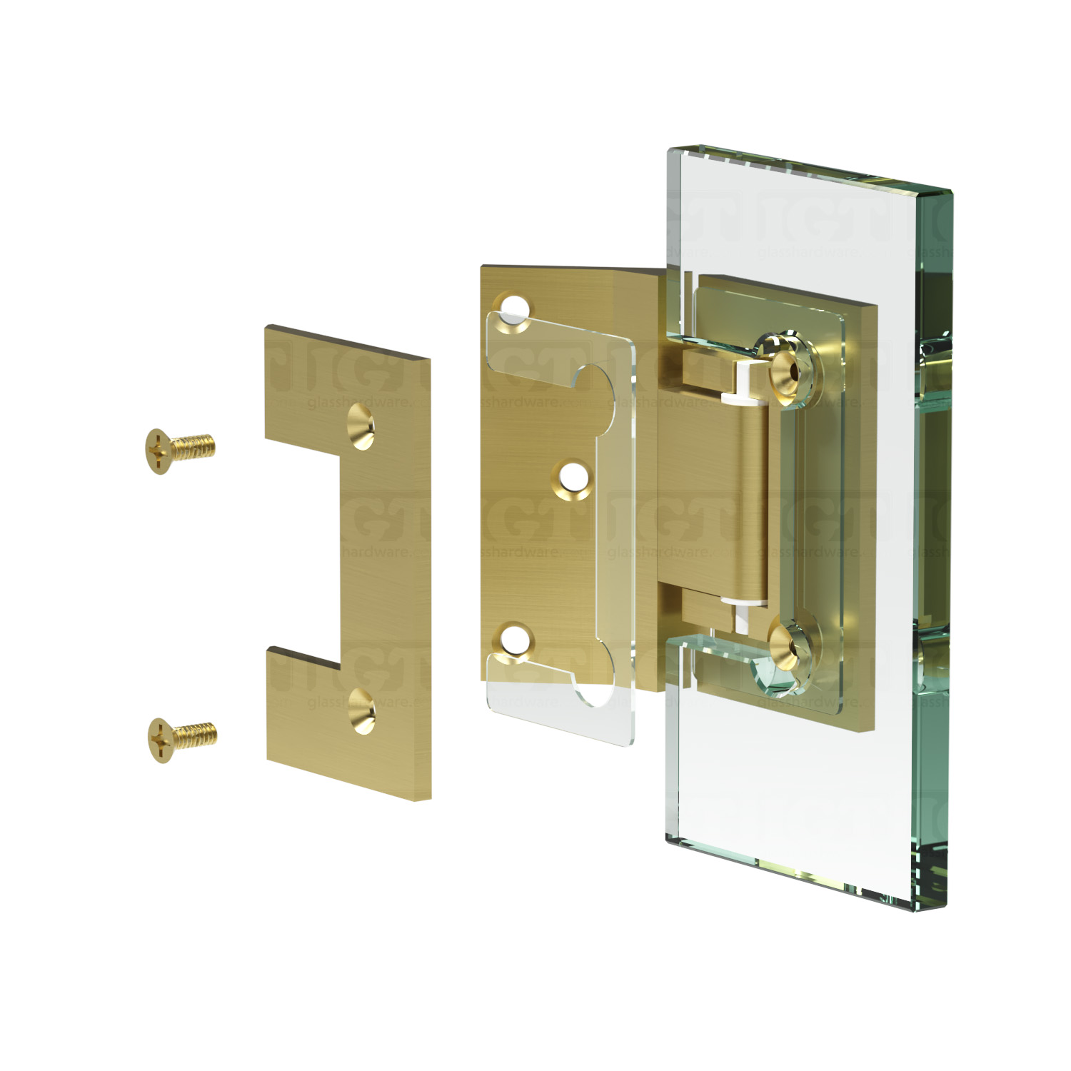 Exploded view of a Wall-to-Glass 135 Degree Malibu Hinge assembly, showing its individual components. The image illustrates how the hinge attaches securely to the glass. Gold Brushed.