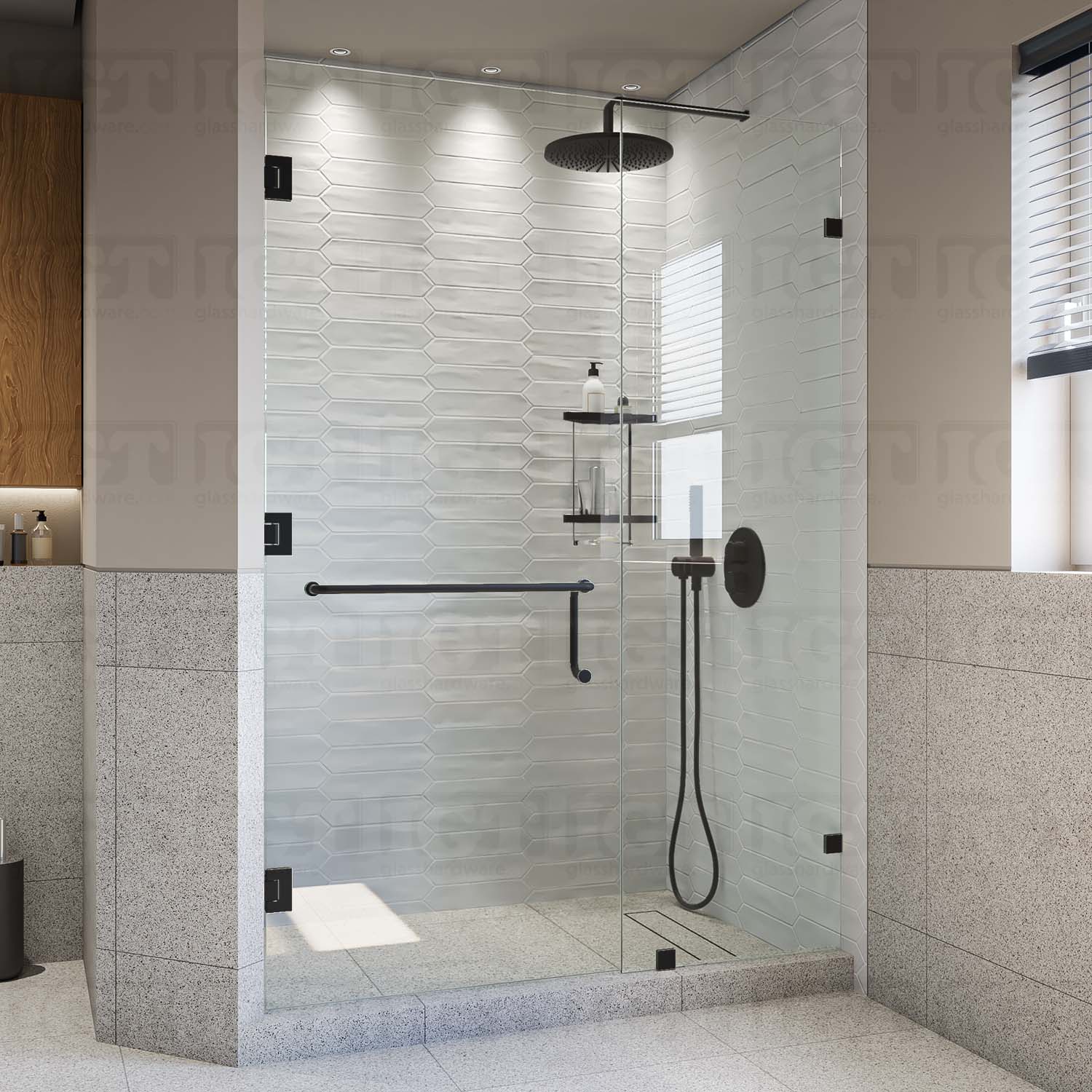 A modern shower door installation using three Wall-to-Glass 135 Degree Malibu Hinges in Matte Black. The image shows the shower door in the closed position.