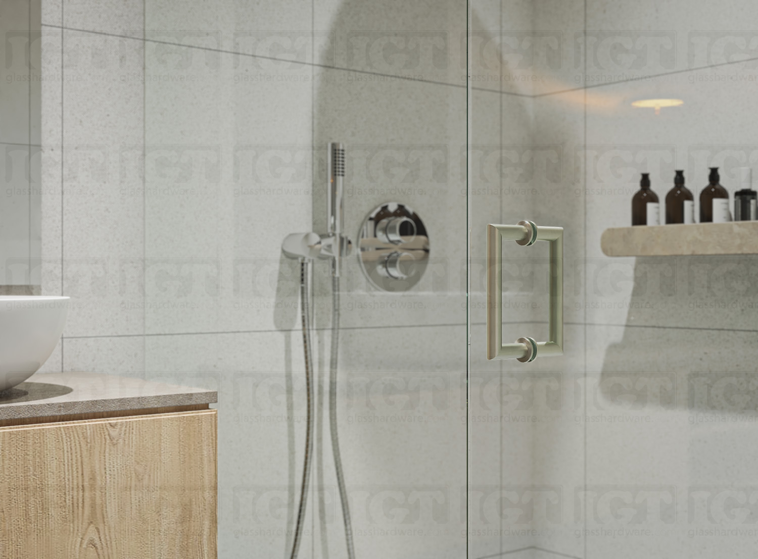 A close-up of the 6" Mitered Corner Pull Handle installed on a frameless glass shower door, Brushed Nickel