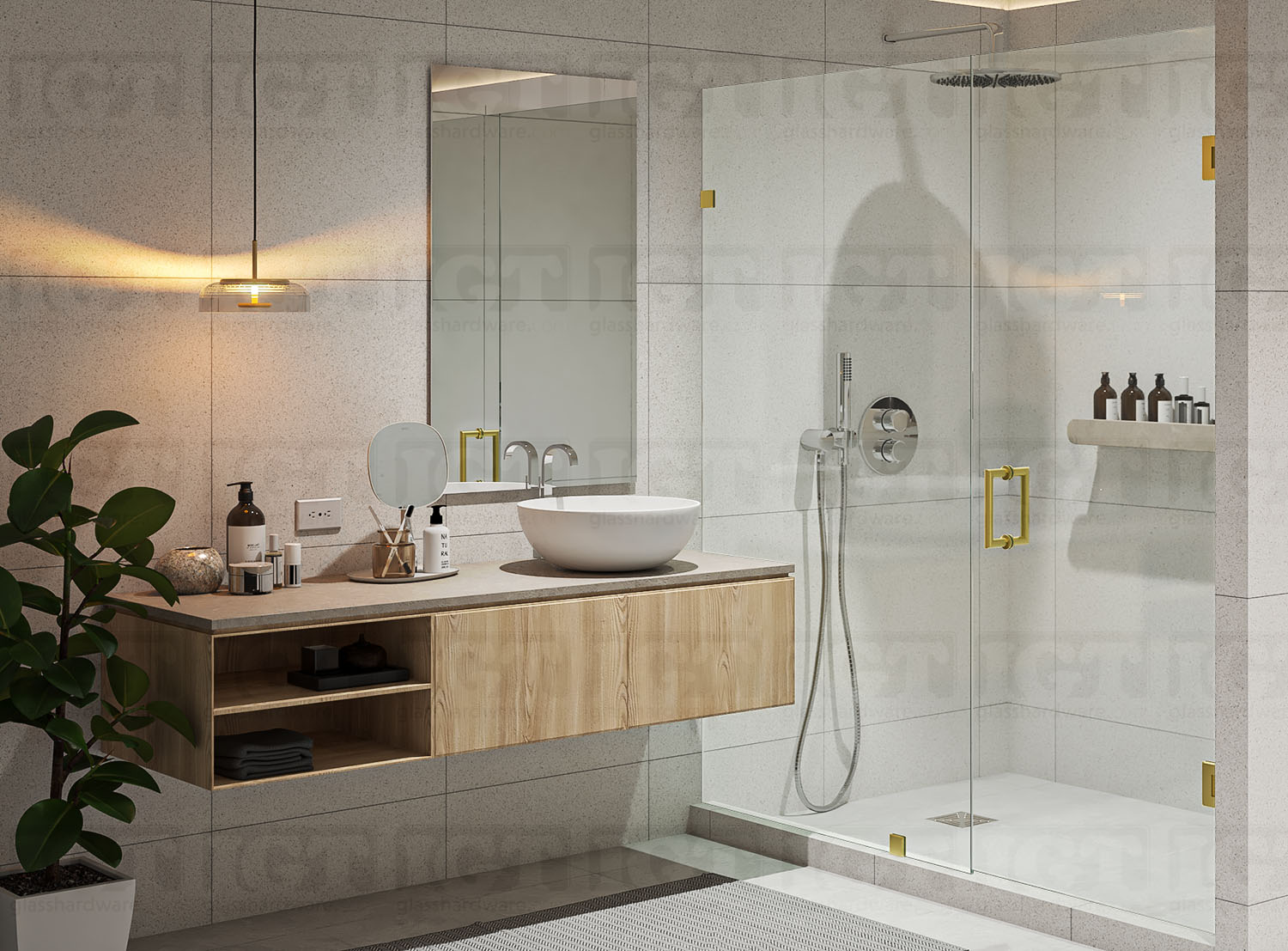 A modern bathroom with a frameless glass shower enclosure featuring the 6" Mitered Corner Pull Handle, Gold Brushed.