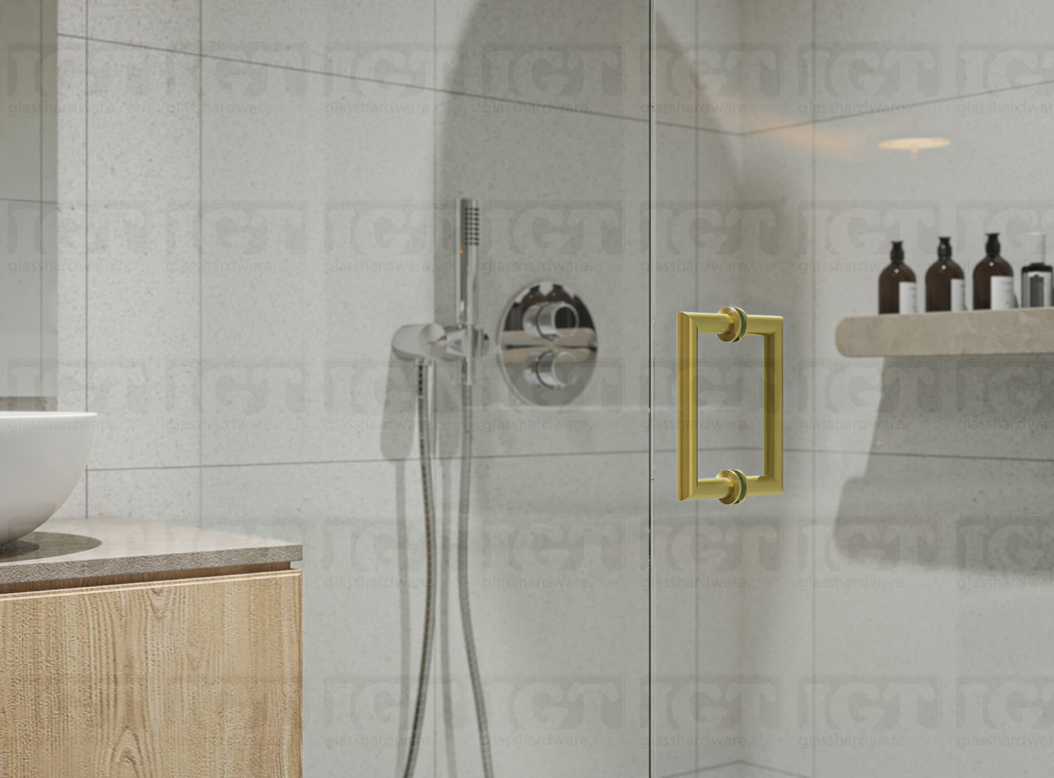 A close-up of the 6" Mitered Corner Pull Handle installed on a frameless glass shower door, Gold Brushed.