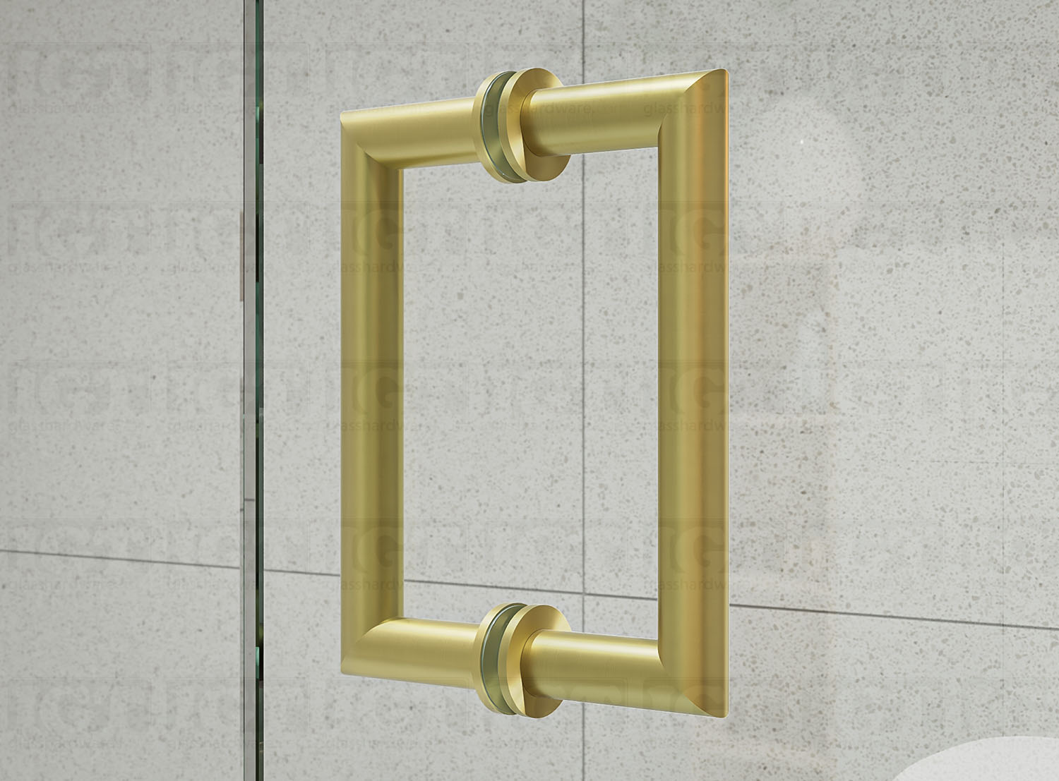 Another close-up of the 6" Mitered Corner Pull Handle installed on a frameless glass shower door, showing the Gold Brushed finish in more detail.