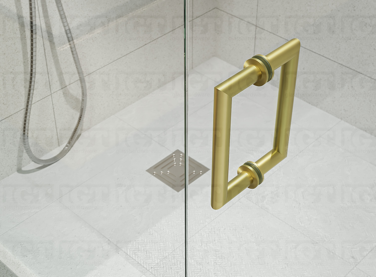 An aerial close-up of the 6" Mitered Corner Pull Handle installed on a frameless glass shower door, showcasing its sleek mitered corners. Gold Brushed.