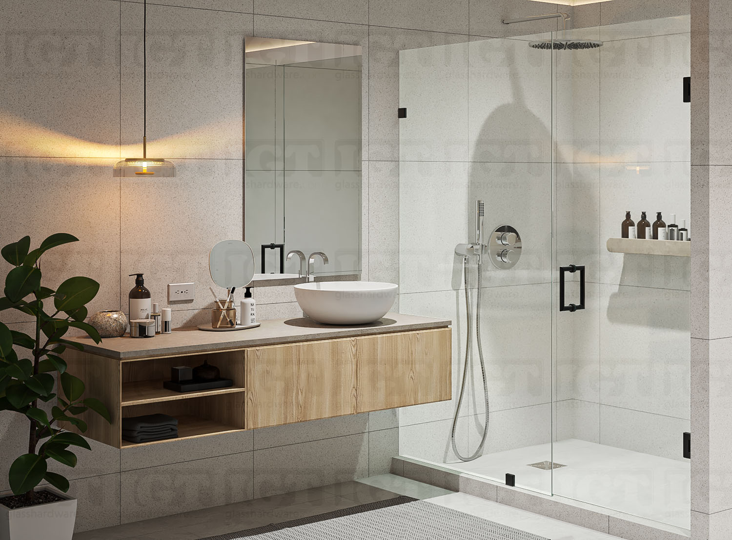 A modern bathroom with a frameless glass shower enclosure featuring the 6" Mitered Corner Pull Handle, Matte Black