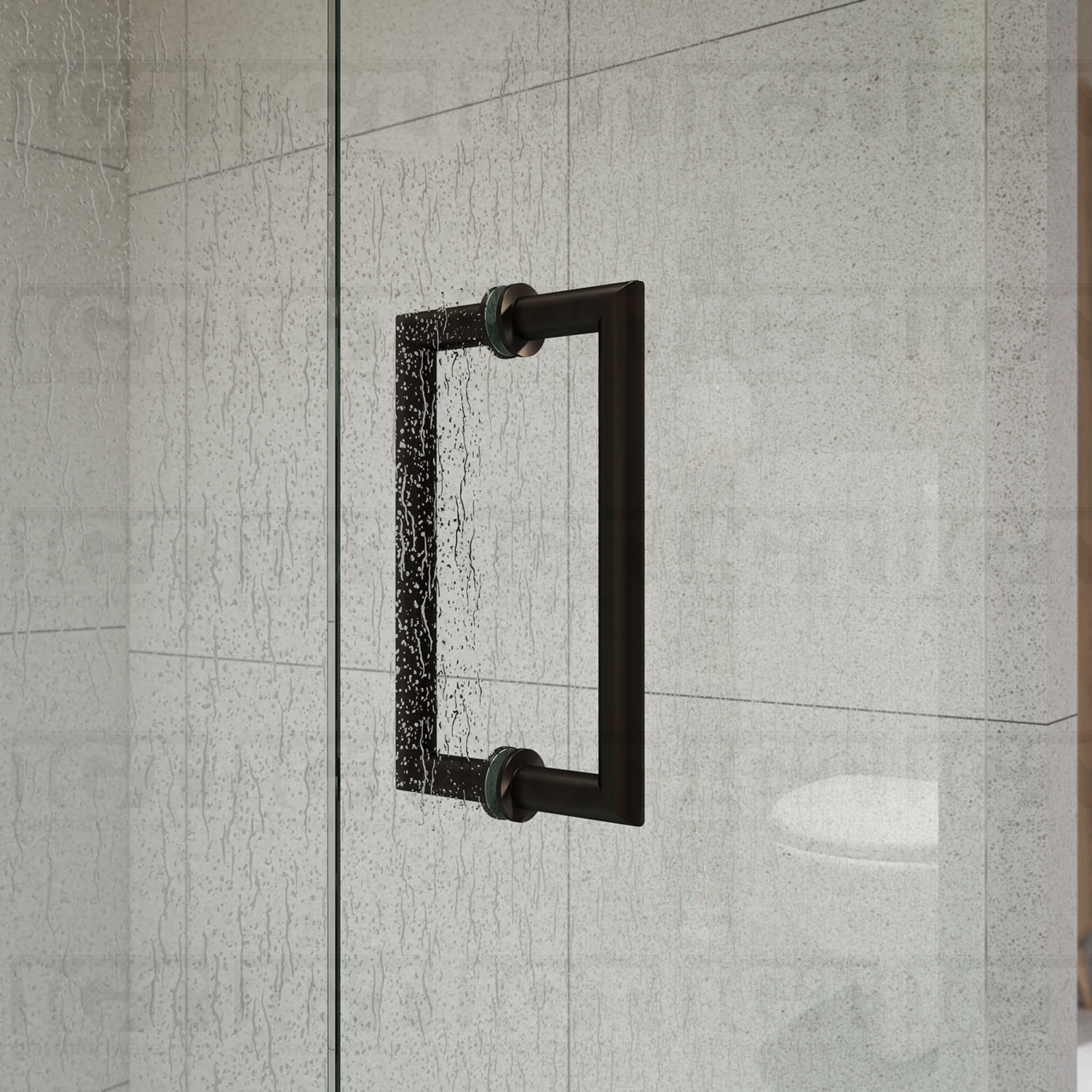 Another close-up of the 8" Mitered Corner Pull Handle installed on a frameless glass shower door, showing the Oil Rubbed Bronze finish in more detail.