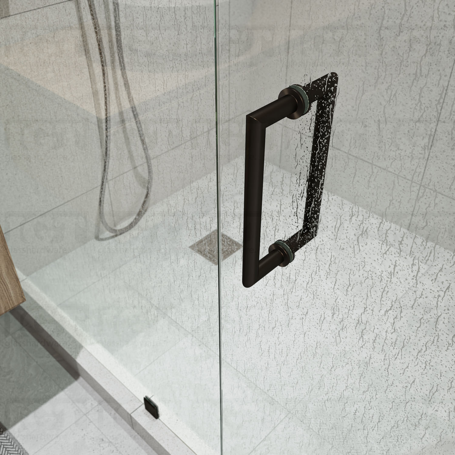 An aerial close-up of the 8" Mitered Corner Pull Handle installed on a frameless glass shower door, showcasing its sleek mitered corners. Oil Rubbed Bronze.