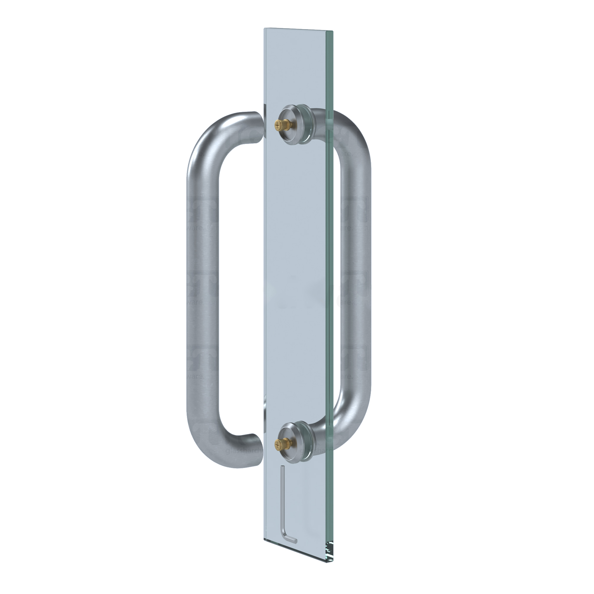 An exploded view of the 12-inch Back-to-Back Tubular Pull Handle in Polished Stainless, installed on glass.