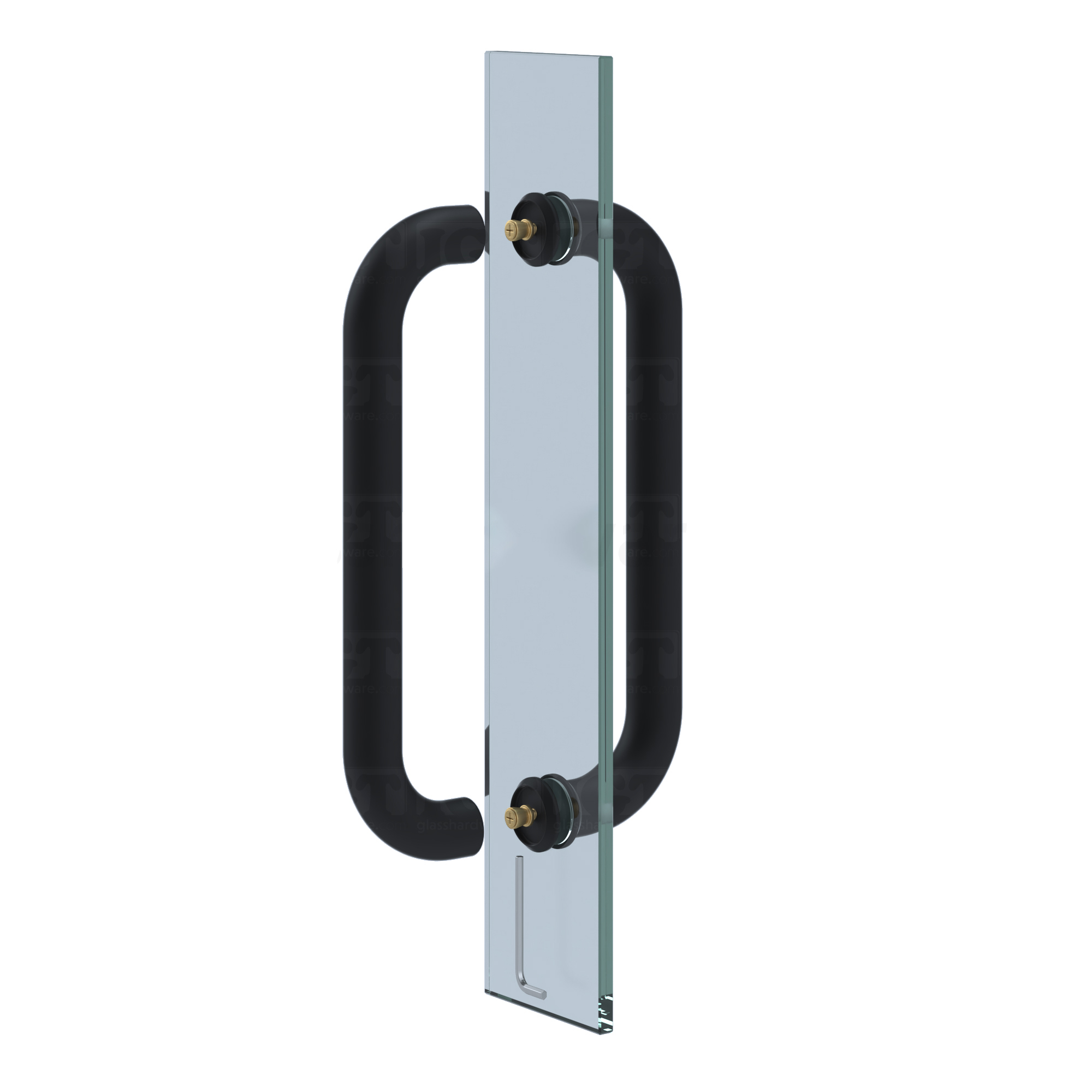 An exploded view of the 12-inch Back-to-Back Tubular Pull Handle in Matte Black, installed on glass.