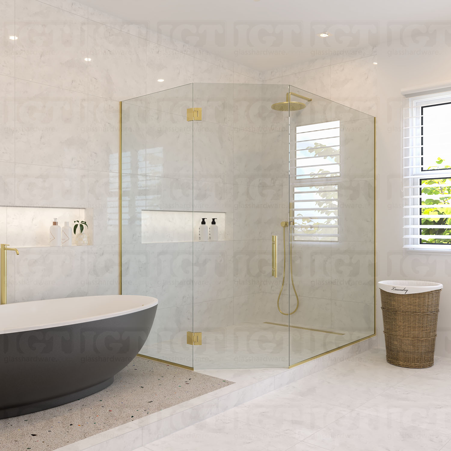 A modern bathroom, complete with a neo angle shower enclosure using two Heavy Duty Adjustable Glass-to-Glass 135 Degree Hinge. Gold Brushed.