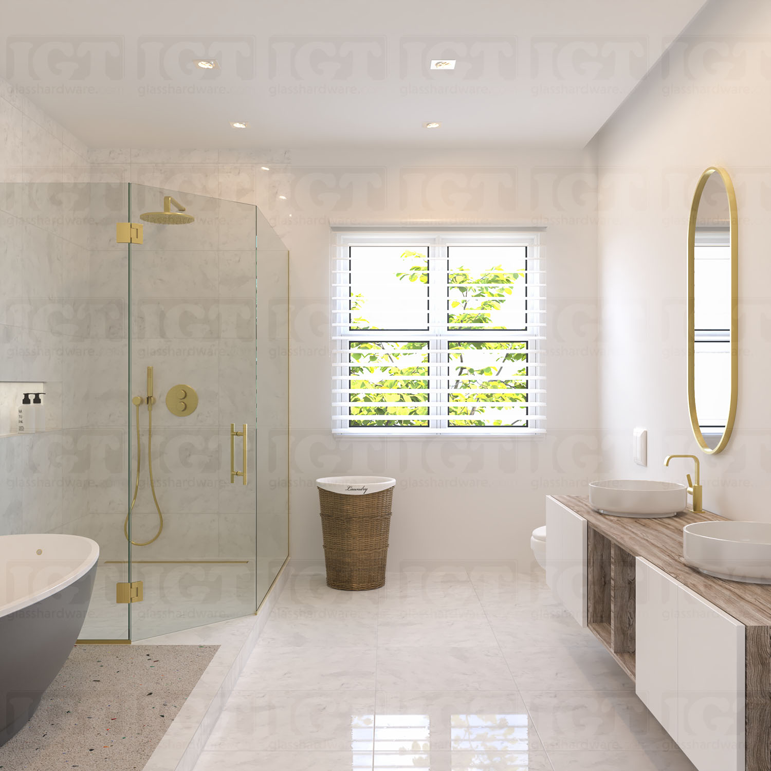 Another view of a modern bathroom, complete with a neo angle shower enclosure using two Heavy Duty Adjustable Glass-to-Glass 135 Degree Hinge. The image showcases bathroom fixtures all in a matching Gold Brushed finish.