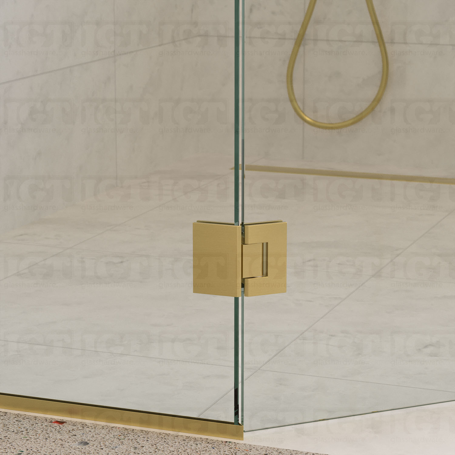 A closer view of the bottom Heavy Duty Adjustable 135 Degree Hinge in Gold Brushed, installed on a neo angle shower enclosure. The image showcases how the product's finish matches with other fixtures.