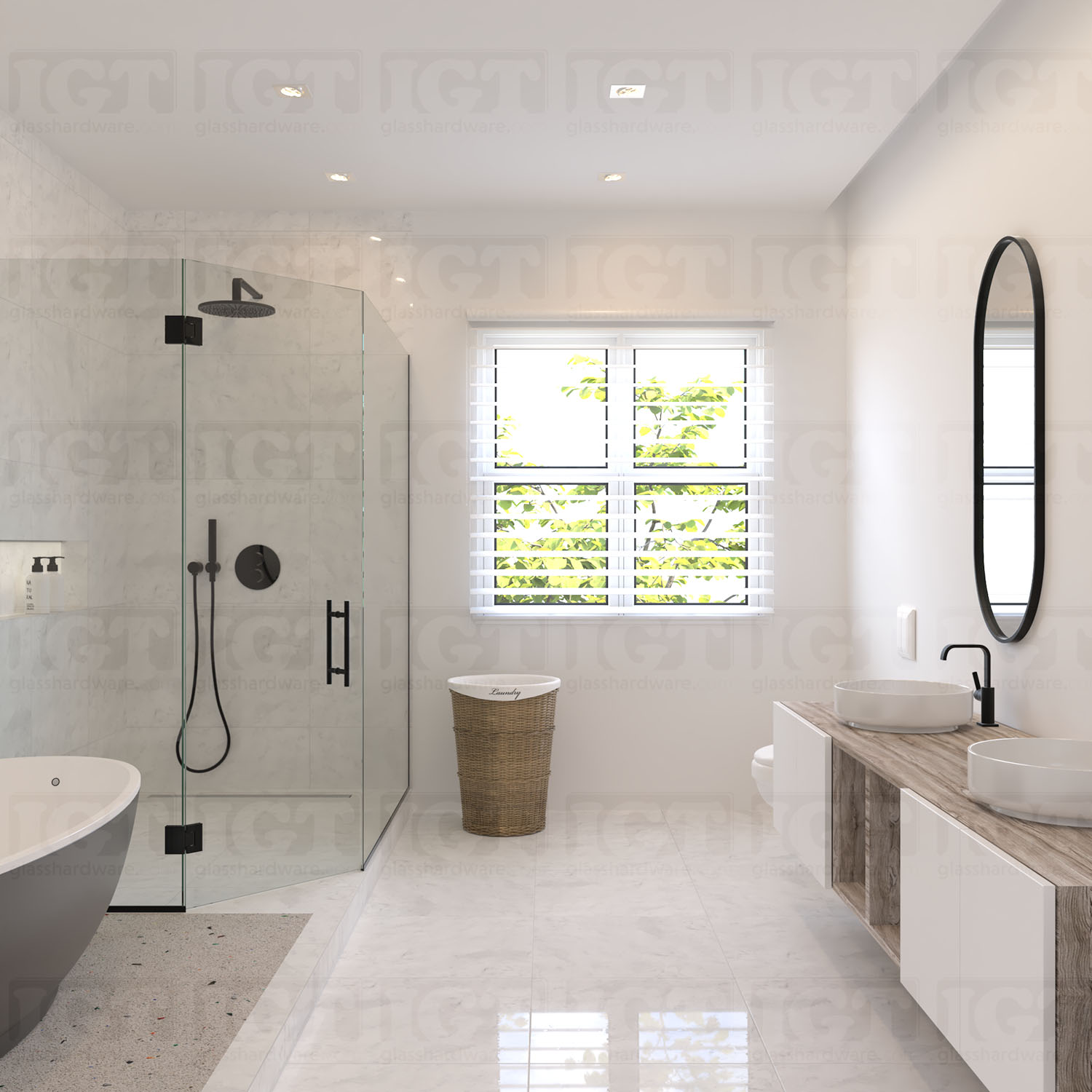 Another view of a modern bathroom, complete with a neo angle shower enclosure using two Heavy Duty Adjustable Glass-to-Glass 135 Degree Hinge. The image showcases bathroom fixtures all in a matching Matte Black finish.